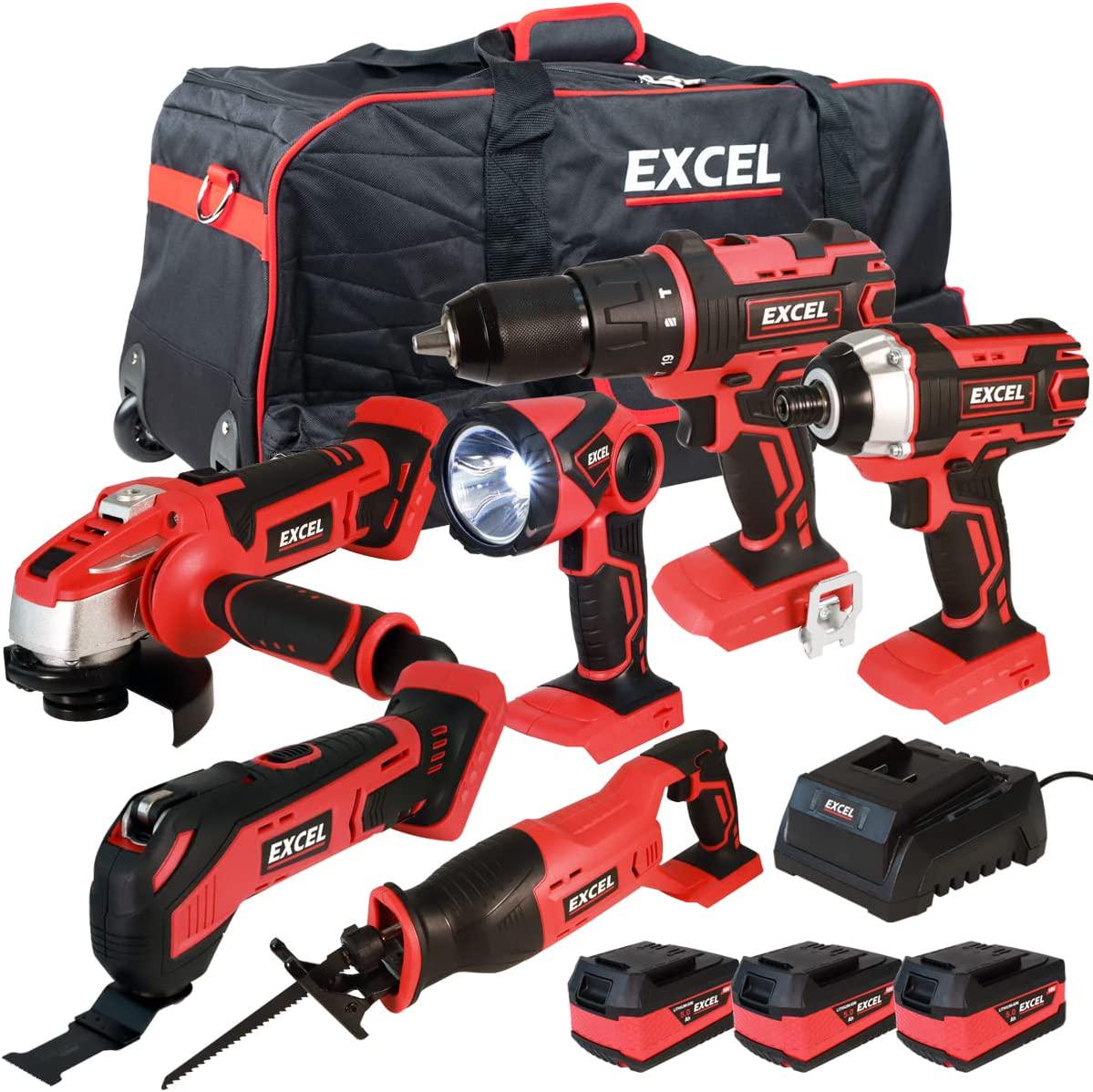 Excel, Excel 18V 6 Piece Cordless Li-ion Power Tool Kit with 3 x 5.0Ah Batteries and Charger in Bag EXL8939 - Monster Power Tool Kit - Combo Kit - 18V Cordless Power Tool Kits - Mega Power Tool