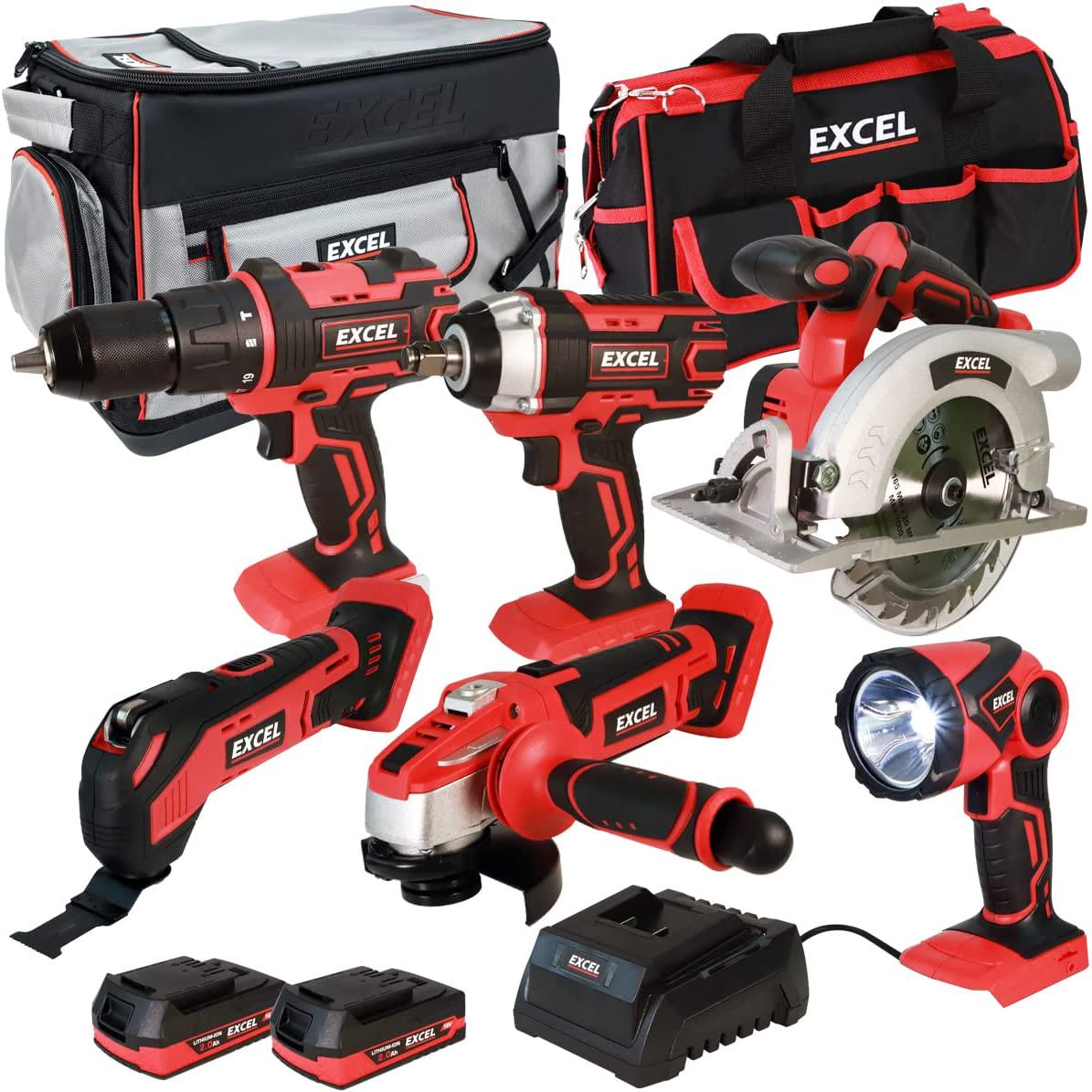 Excel, Excel 18V 6 Piece Power Tool Kit with 2 x 2.0Ah Batteries and Charger EXL10197 - Combo Kit - Monster Power Tool Kit - 18V Cordless Power Tool Kits - Mega Power Tool - 6 Piece Tool Kit