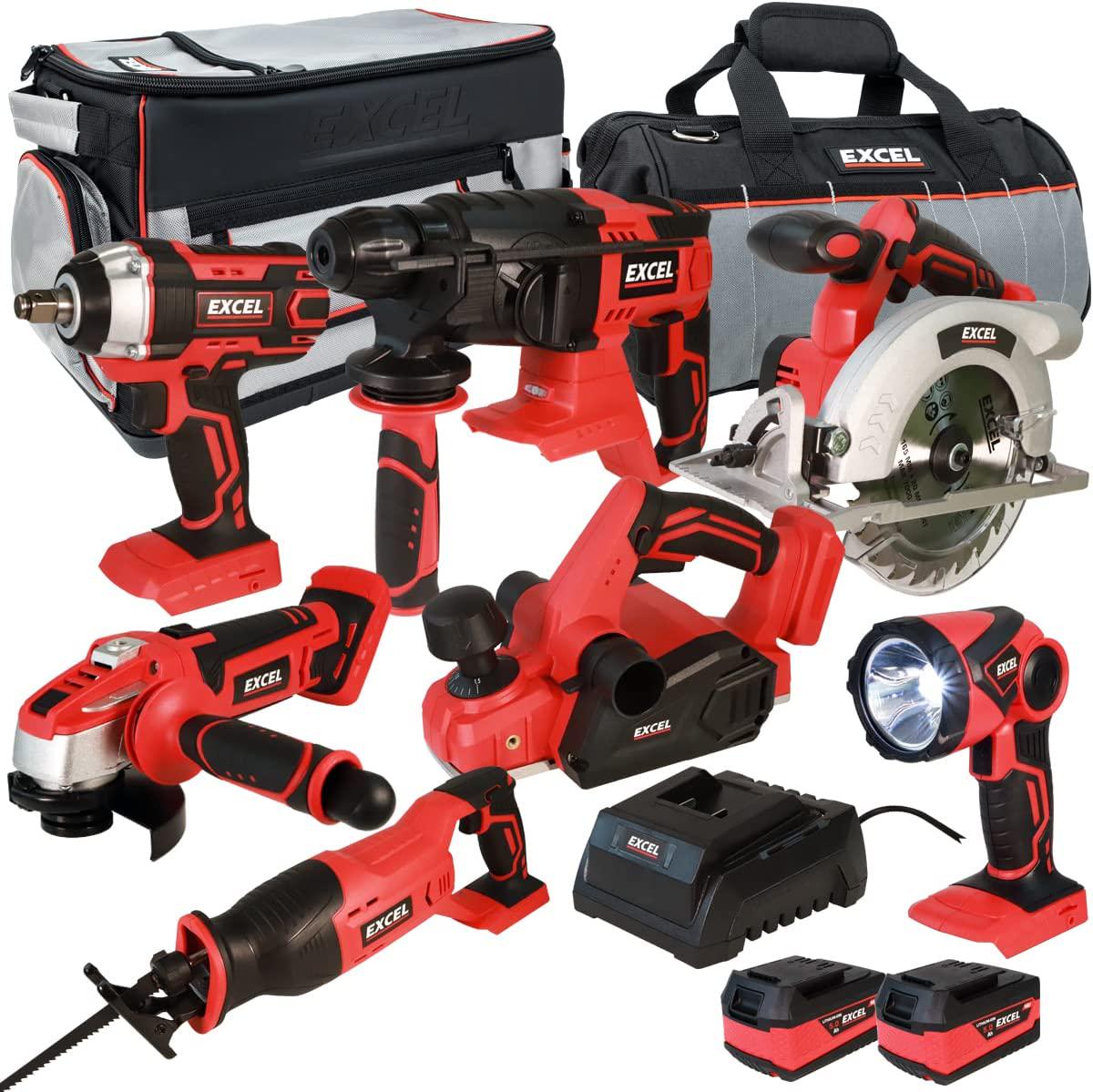 Excel, Excel 18V Cordless 7 Piece Power Tool Kit with 2 x 5.0Ah Batteries and Charger in Bag EXL10206 - Combo Kit - Monster Power Tool Kit - 18V Cordless Power Tool Kits - Mega Power Tool - 7 Piece Tool Kit