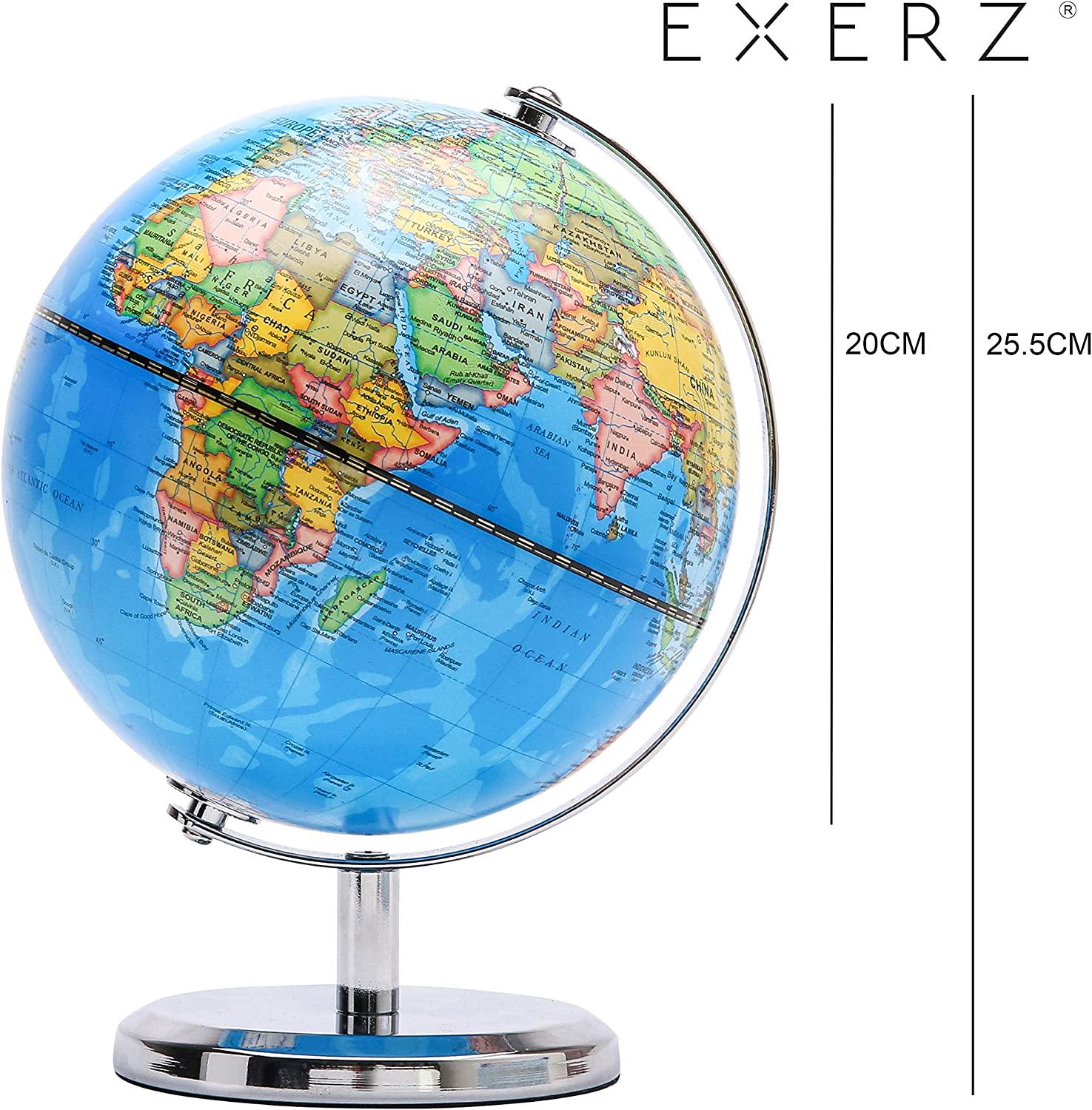 Exerz, Exerz 20cm World Globe - Educational/Geographic/Modern Desktop Decoration - Stainless Steel Arc and Base - for School, Home, and Office (20cm Blue Political)
