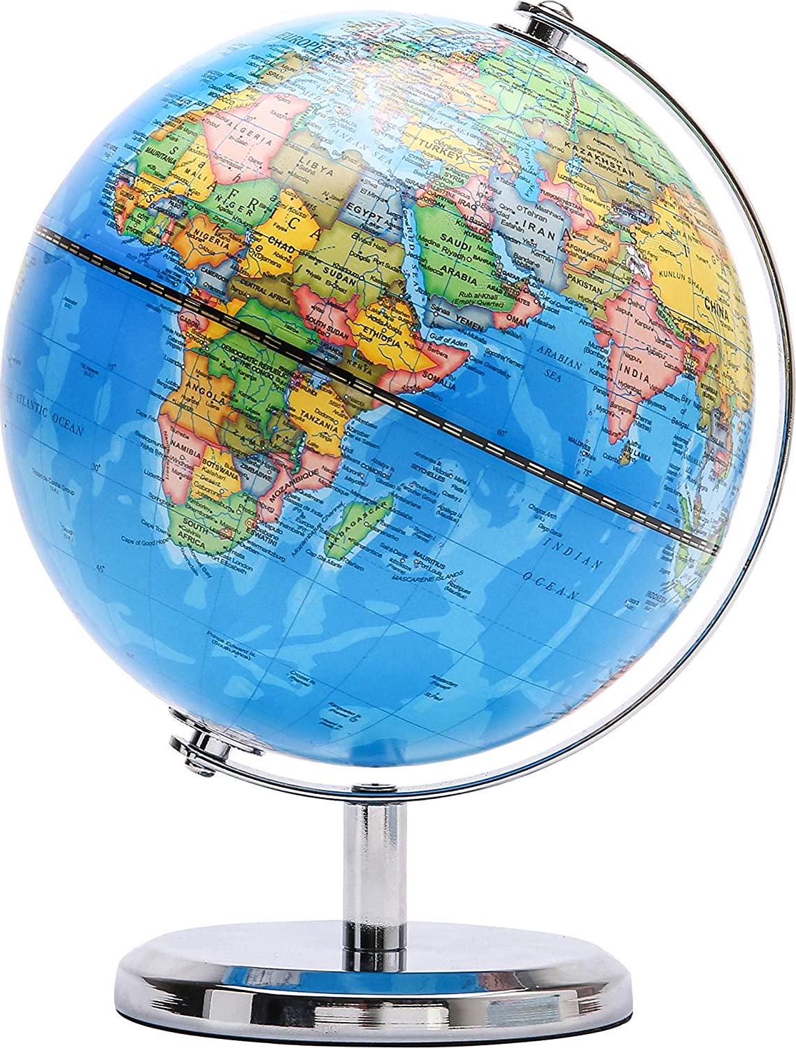 Exerz, Exerz 20cm World Globe - Educational/Geographic/Modern Desktop Decoration - Stainless Steel Arc and Base - for School, Home, and Office (20cm Blue Political)