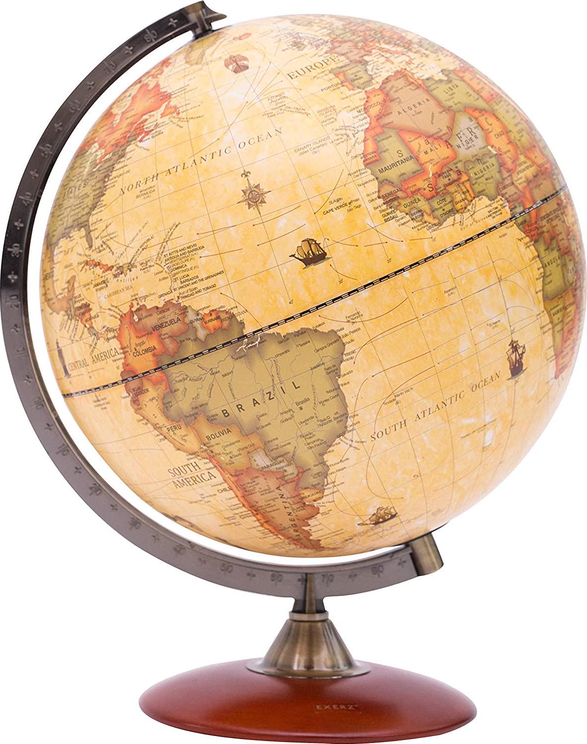 Exerz, Exerz 30cm Antique Globe with A Wood Base - World Globe Rotating Vintage Decorative 30cm Diametre