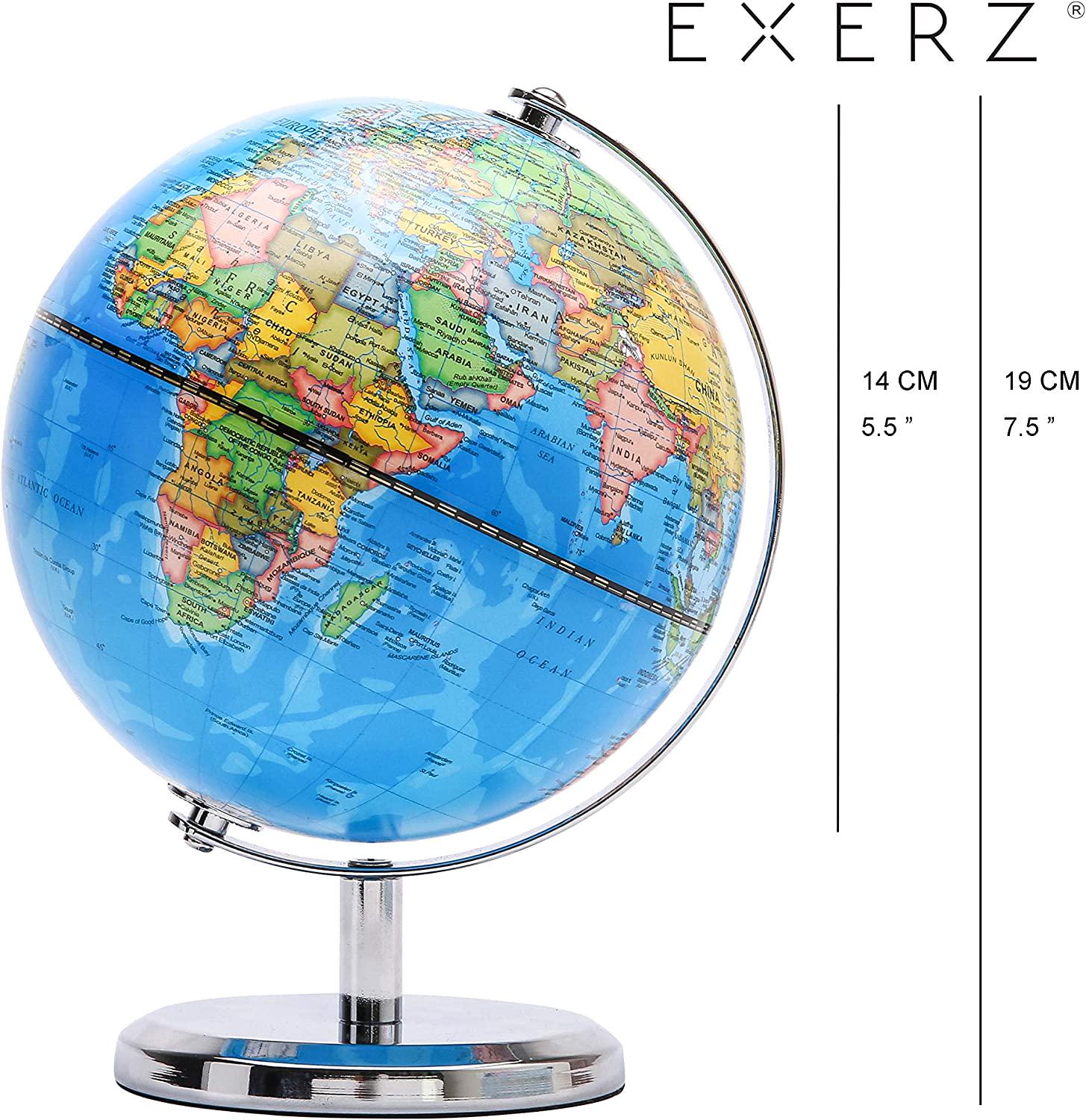 Exerz, Exerz World Globe (Dia 14CM)- Stainless Steel Arc and Base - Educational/Geographic/Modern Desktop Decoration - Political Map World Globe Diameter 14 cm