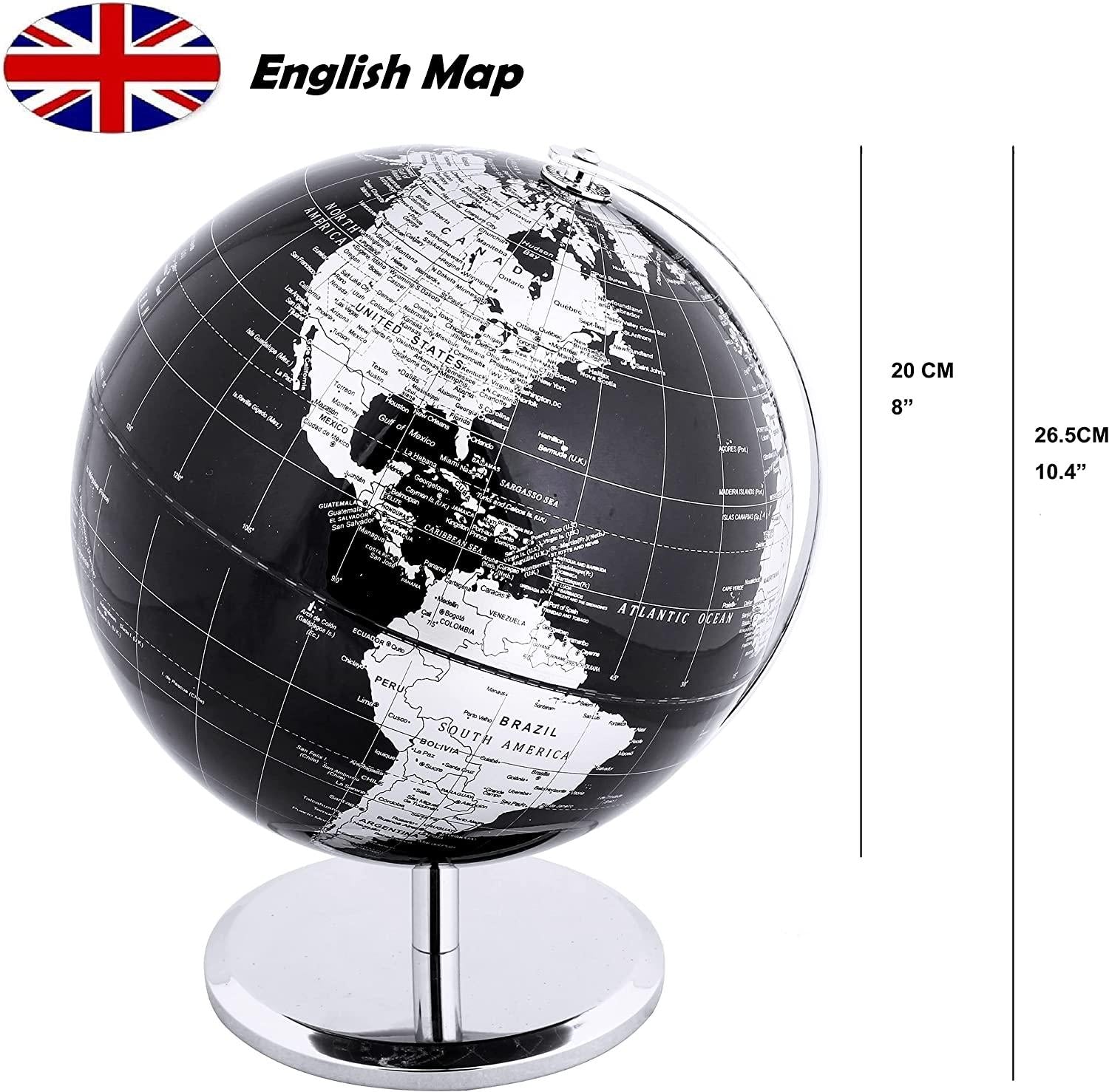 Exerz, Exerz World Globe (Dia 20cm) Educational/Geographic/Modern Desktop Decoration - with a Metal Base - Metallic Black (Diametre 20cm)