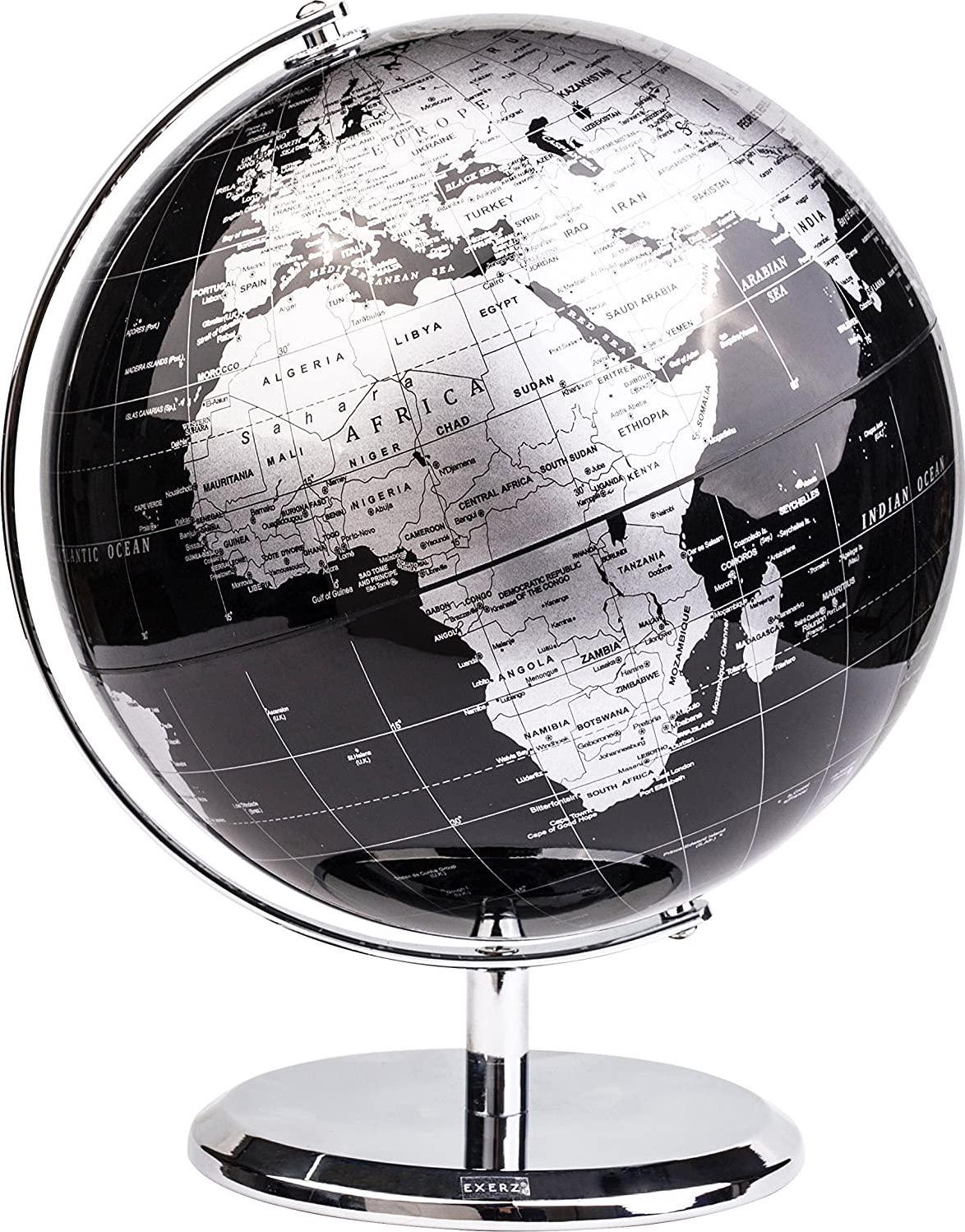 Exerz, Exerz World Globe (Dia 20cm) Educational/Geographic/Modern Desktop Decoration - with a Metal Base - Metallic Black (Diametre 20cm)