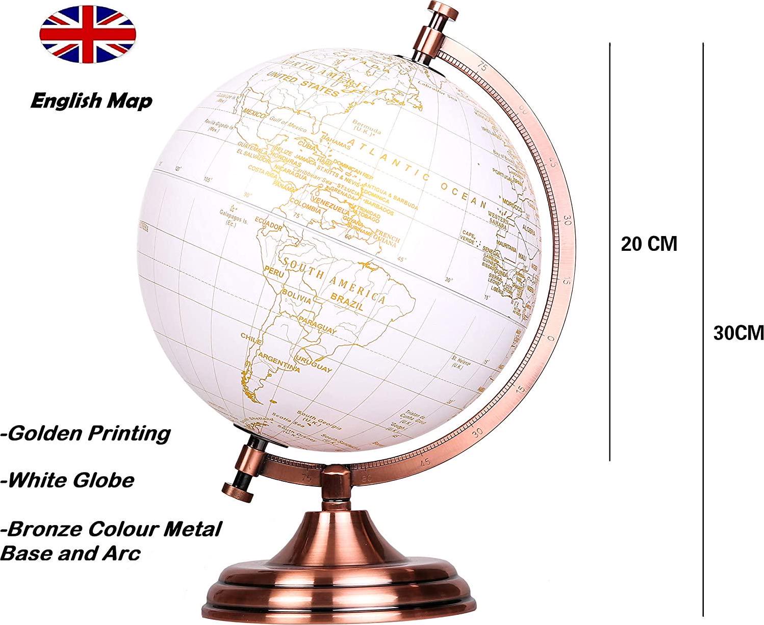 Exerz, Exerz World Globe (Dia 8 /20 cm) - Educational/Geographic/Modern Desktop Decoration - Metallic Golden World Globe Diameter 20 cm