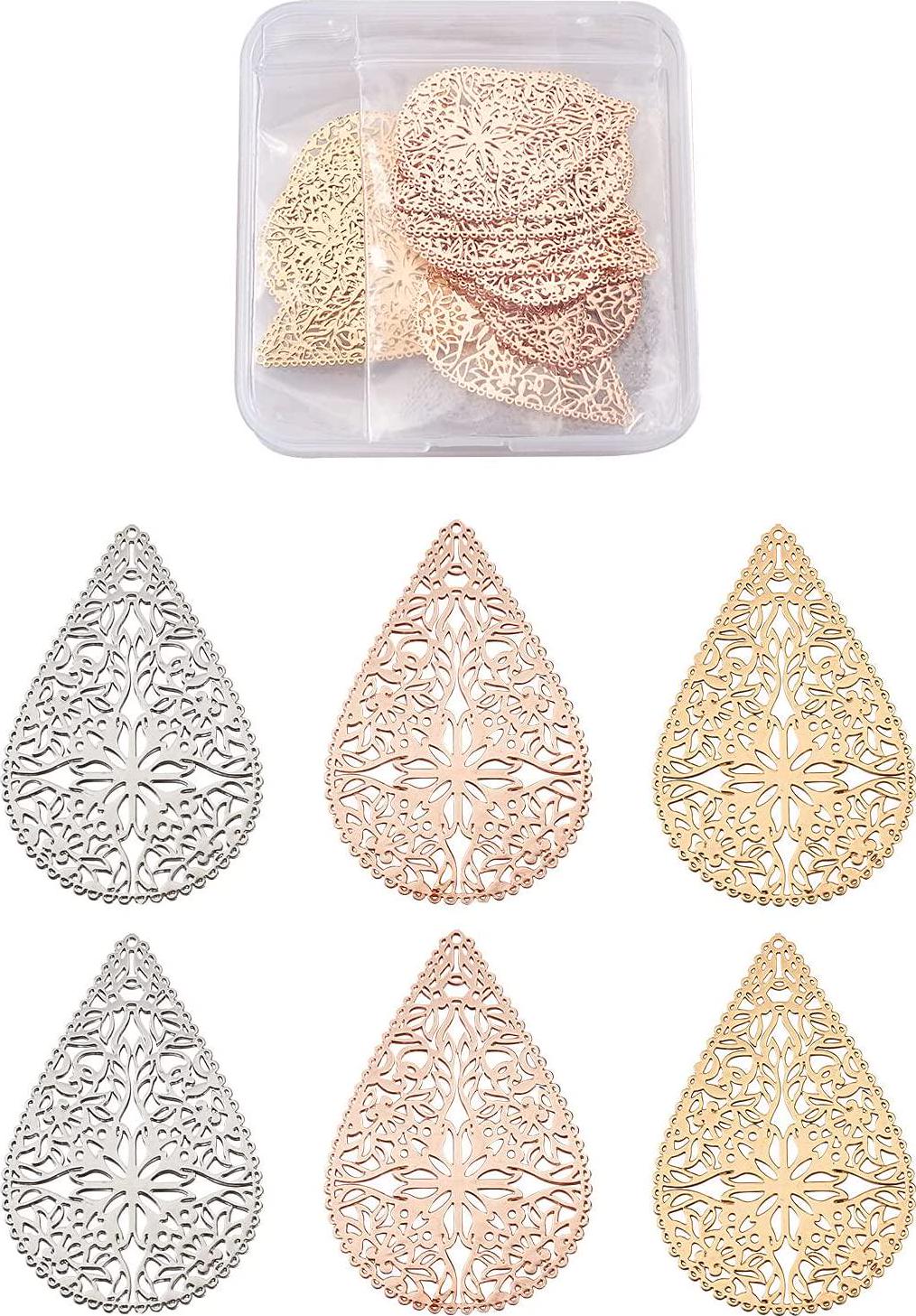 FASHEWELRY, FASHEWELRY 45Pcs Brass Teardrop Filigree Connector Charms 3 Colors Filigree Joiners Links Etched Metal Embellishments for DIY Earring Necklace Jewelry Making