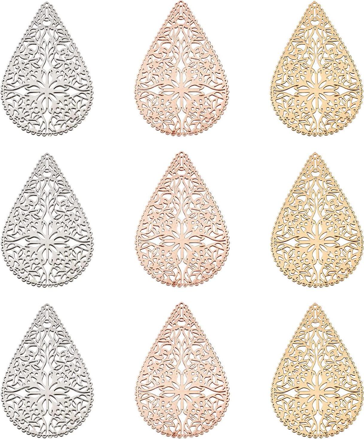 FASHEWELRY, FASHEWELRY 45Pcs Brass Teardrop Filigree Connector Charms 3 Colors Filigree Joiners Links Etched Metal Embellishments for DIY Earring Necklace Jewelry Making
