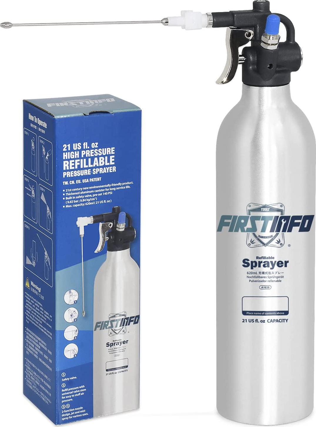 FIRSTINFO TOOLS FIT YOUR NEEDS, FIRSTINFO Patented 620c.c. (21 US fl. oz) Thickened Aluminum Canister Aerosol Refillable Fluid High Pressure Storage Sprayer/Pneumatic + Manual Pressurized/Maximum Pressure 140 psi