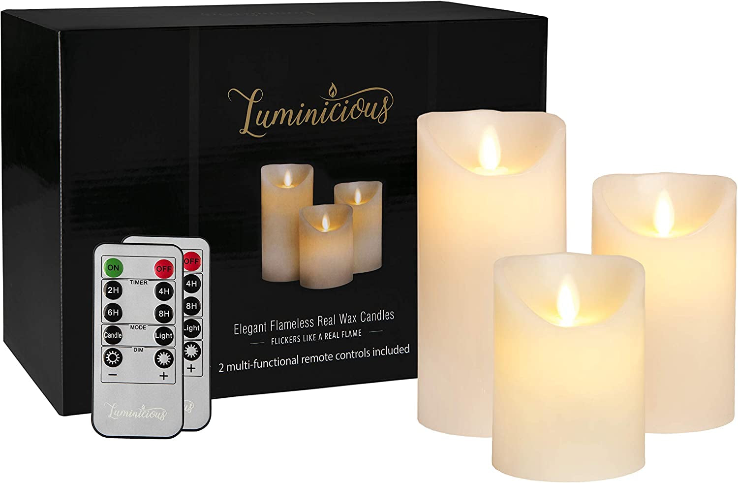Luminicious, FLAMELESS Candles Battery Operated LED Flickering Flame with Remote & Timer | Amazing Realistic Dancing Flame | Real Wax Gold Trim | Set of 3 (Size 4"5"6") | Beautiful Gift Idea for Women and Men