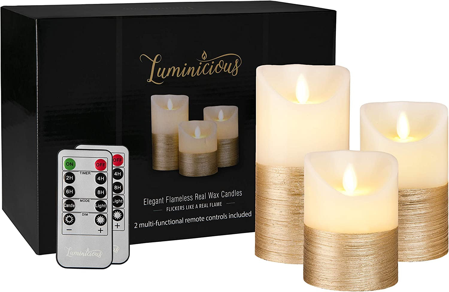 Luminicious, FLAMELESS Candles Battery Operated LED Flickering Flame with Remote & Timer | Amazing Realistic Dancing Flame | Real Wax Gold Trim | Set of 3 (Size 4"5"6") | Beautiful Gift Idea for Women and Men