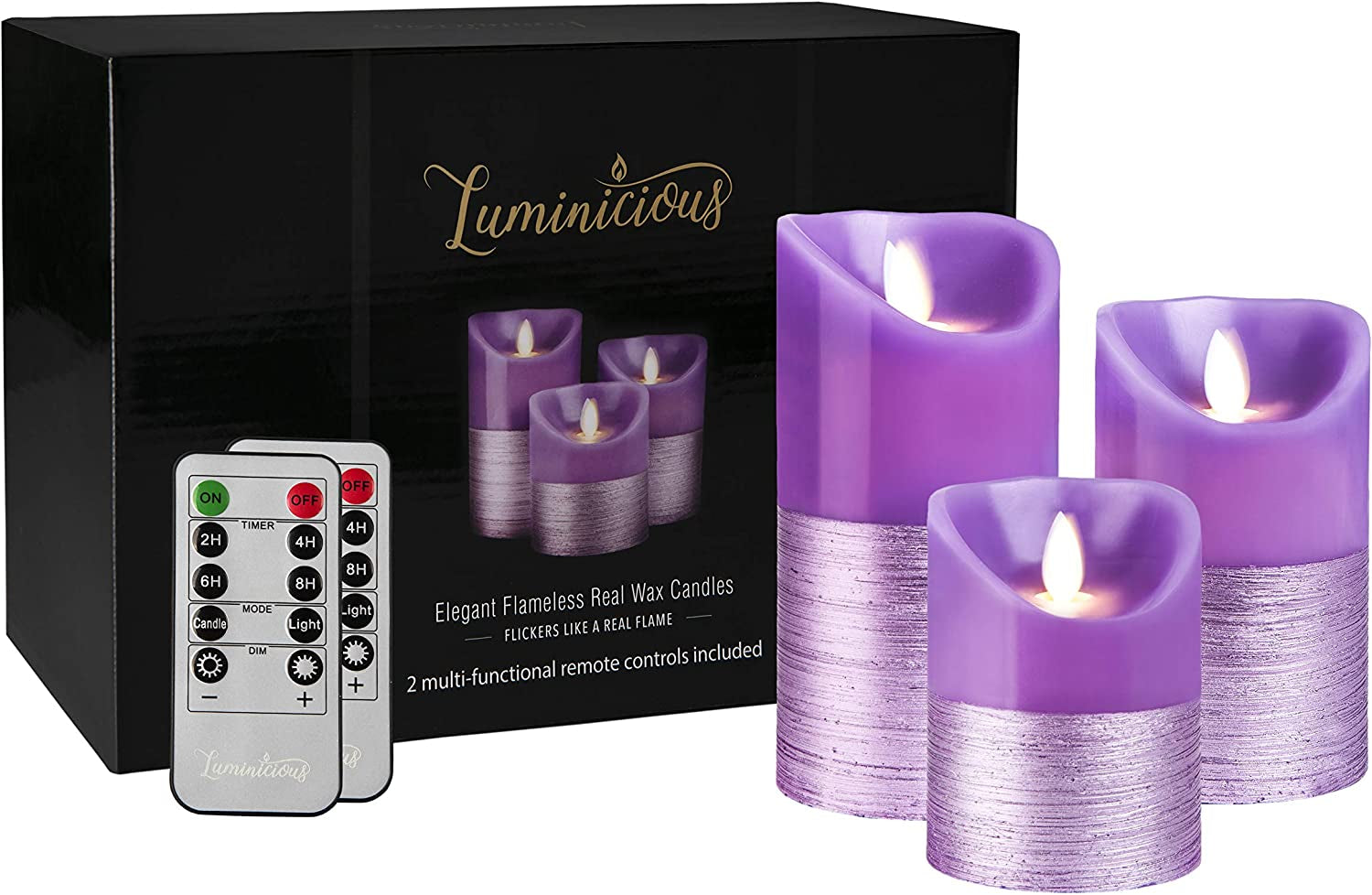 Luminicious, FLAMELESS Candles Battery Operated LED Flickering Flame with Remote & Timer | Amazing Realistic Dancing Flame | Real Wax Purple Trim | Set of 3 (Size 4"5"6") | Beautiful Gift Idea for Women and Men