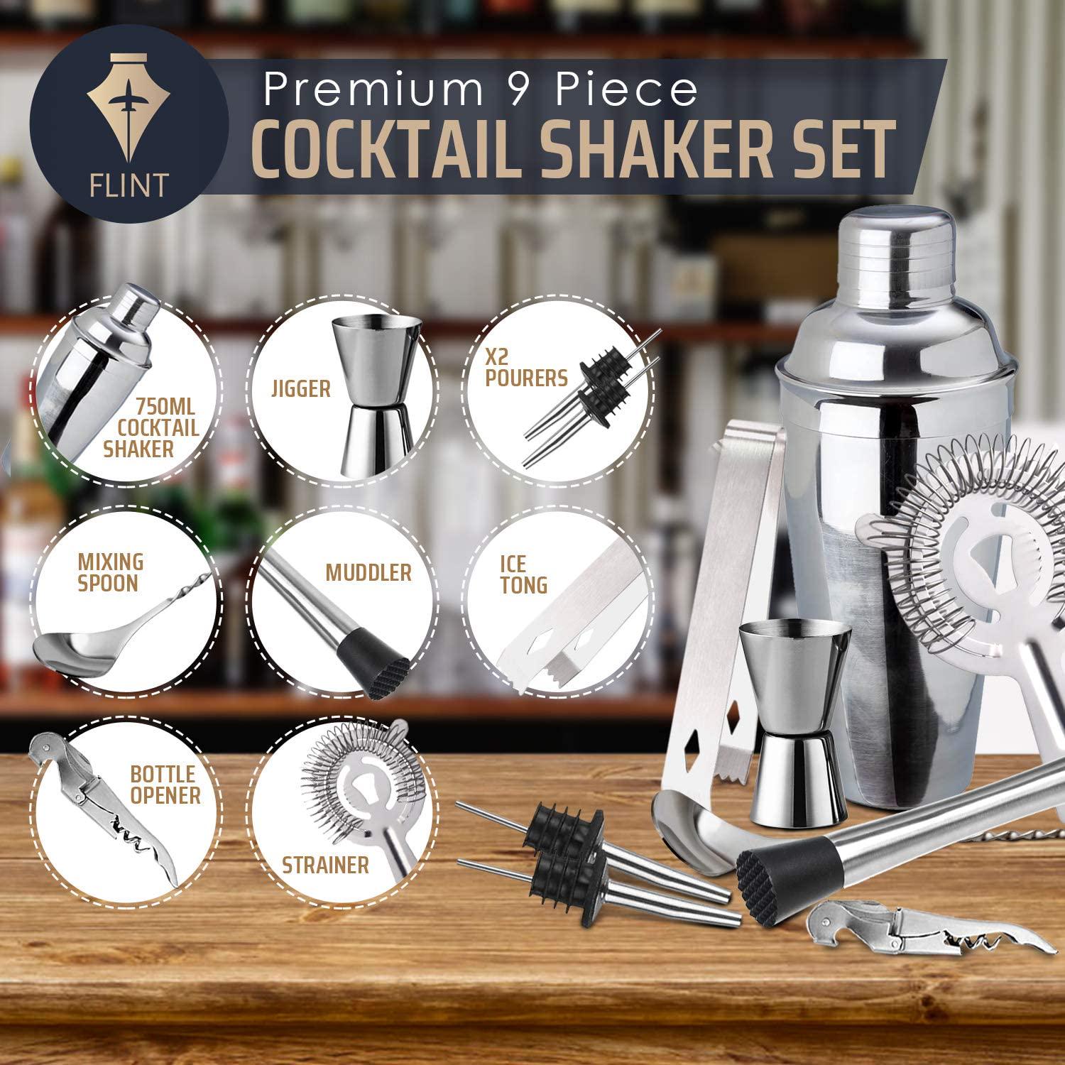 Flint, FLINT Cocktail Shaker Gift Set - 9 PCS Drink Mixing Barware Set | 750ml Cocktail Shaker, Mixing Spoon, Muddler, Ice Tongs, Jigger, Strainer, Bottle Opener, 2 Pourers | Home Bartending Kit