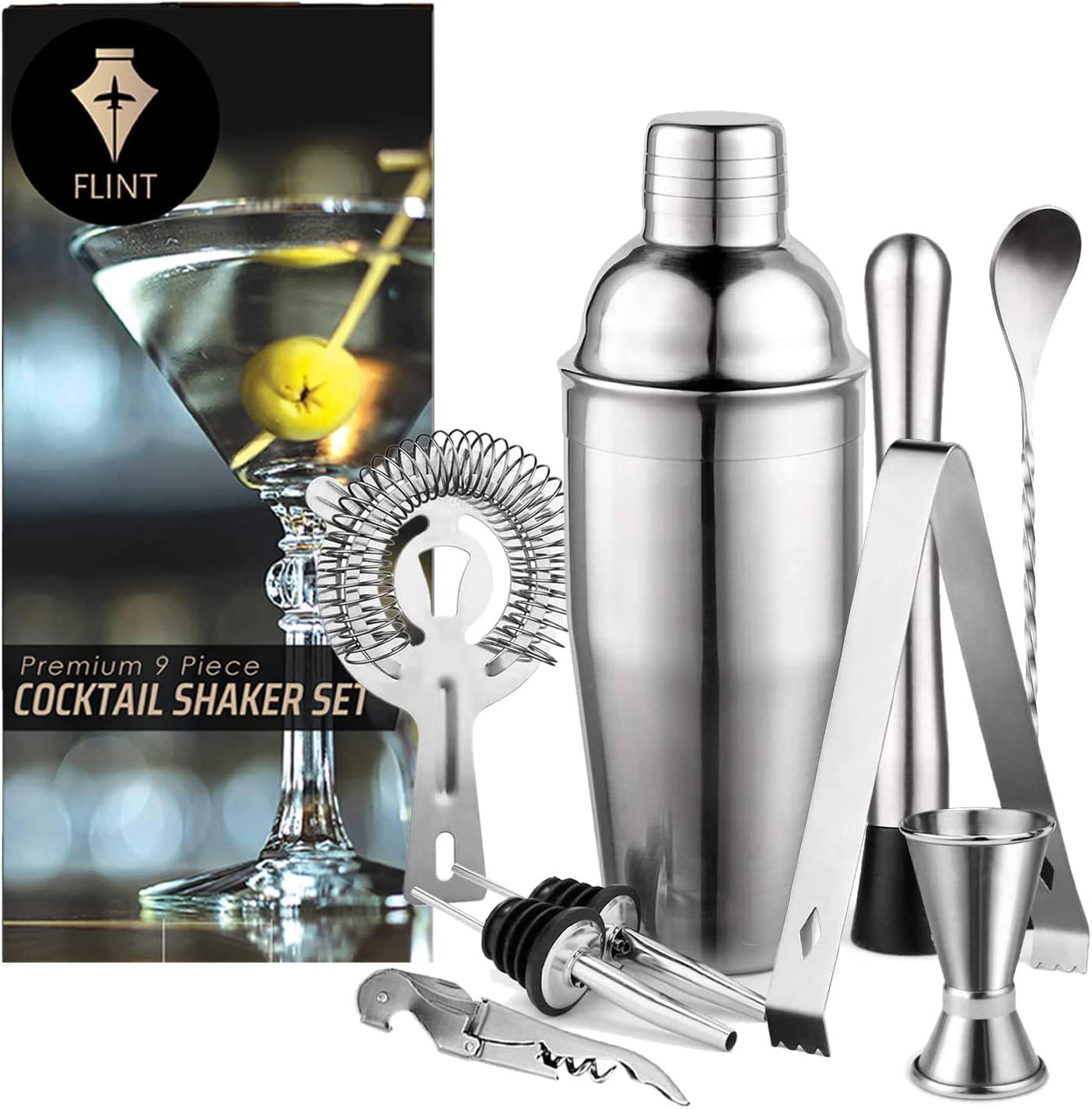 Flint, FLINT Cocktail Shaker Gift Set - 9 PCS Drink Mixing Barware Set | 750ml Cocktail Shaker, Mixing Spoon, Muddler, Ice Tongs, Jigger, Strainer, Bottle Opener, 2 Pourers | Home Bartending Kit