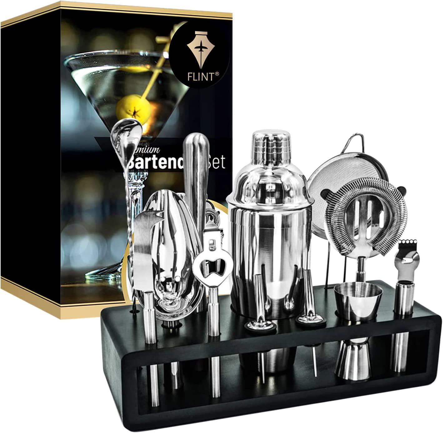Flint, FLINT Premium Bartender Set | 13 Piece Cocktail Shaker Set | Bamboo Stand | Made of Stainless Steel | Rust Resistant Professional Bar Accessory Tools for Drink Mixing | Perfect Home Bartending Kit, Black
