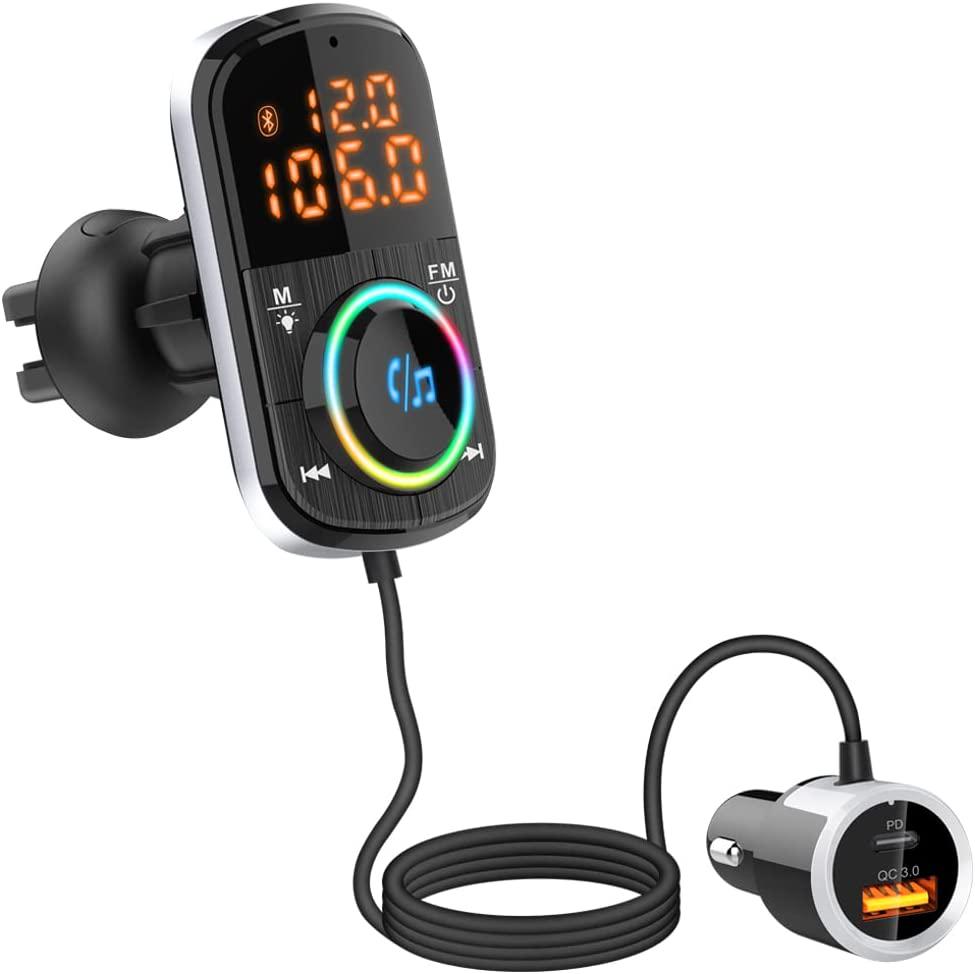 suloea, FM Transmitter Bluetooth,36W Type-C PD+QC3.0 Car Fast Charger,Wireless Bluetooth 5.0 Radio Adapter Car Kit with 7 Colors Light,Hands Free Calling,Support TF Card
