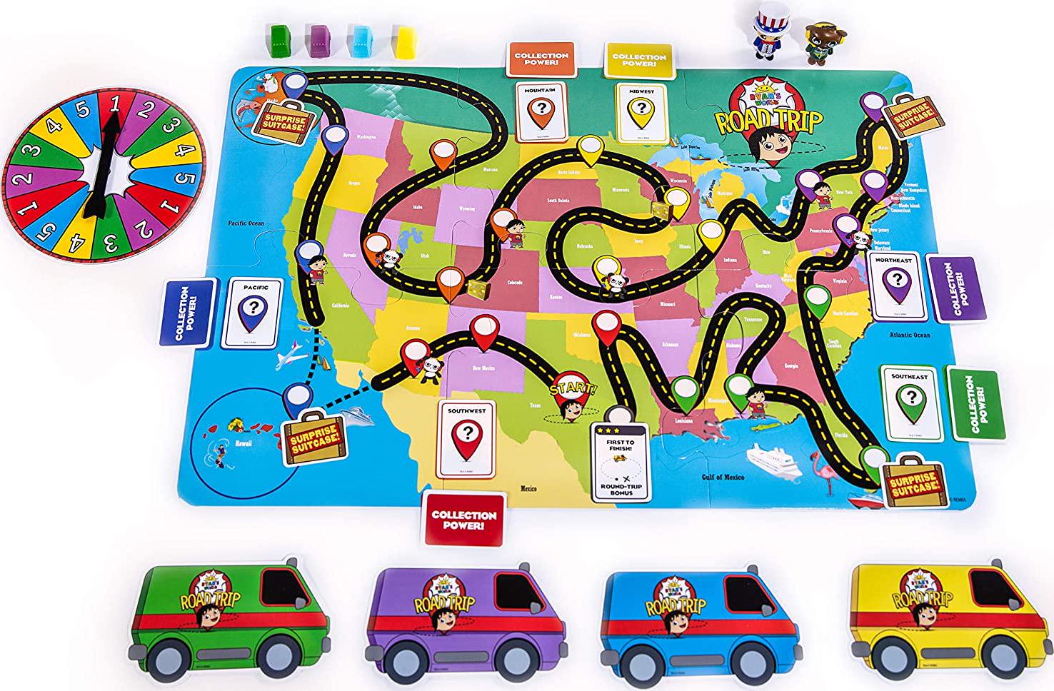 Far Out Toys, Far Out Toys Ryan s World Road Trip Board Game | Includes Collectible Figurines, Micro Figure Cards, and Surprise Suitcase Tiles | A Journey Through All 50 States! for Ages 3 and Up