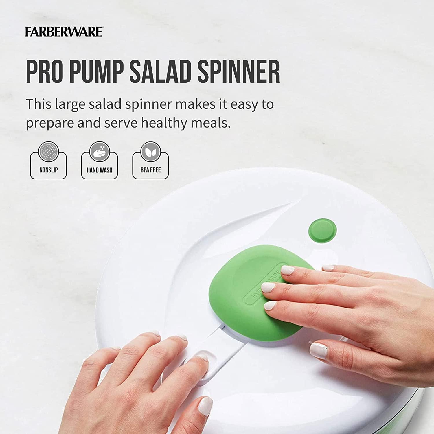 Farberware, Farberware Easy to use pro Pump Spinner with Bowl, Colander and Built in draining System for Fresh, Crisp, Clean Salad and Produce, Large 6.6 Quart, Green