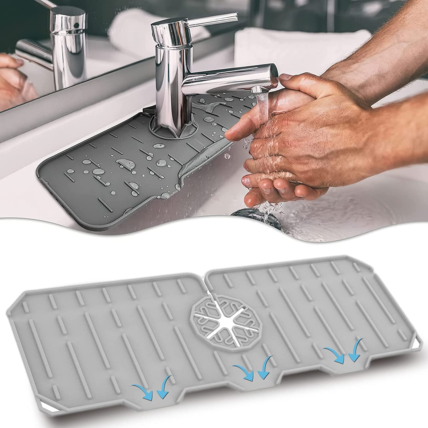 KGYMJR, Faucet Sink Splash Guard, Silicone Kitchen Sink Faucet Splash Catcher Mat, Kitchen Guard Faucet Drip Catcher Tray, Faucet Water Catcher Mat for Kitchen Bathroom Bar and RV (Grey)