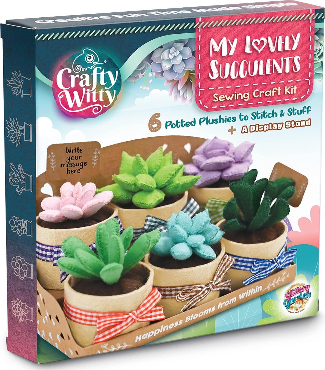 Glittery Garden, Felt Succulents Craft Kit. Make 6 Potted Colorful Plushies and A Display Rack. Mini Garden DIY Sewing Project, Activity Set, Arts and Crafts Supplies - Great Gift for Teens and Adults