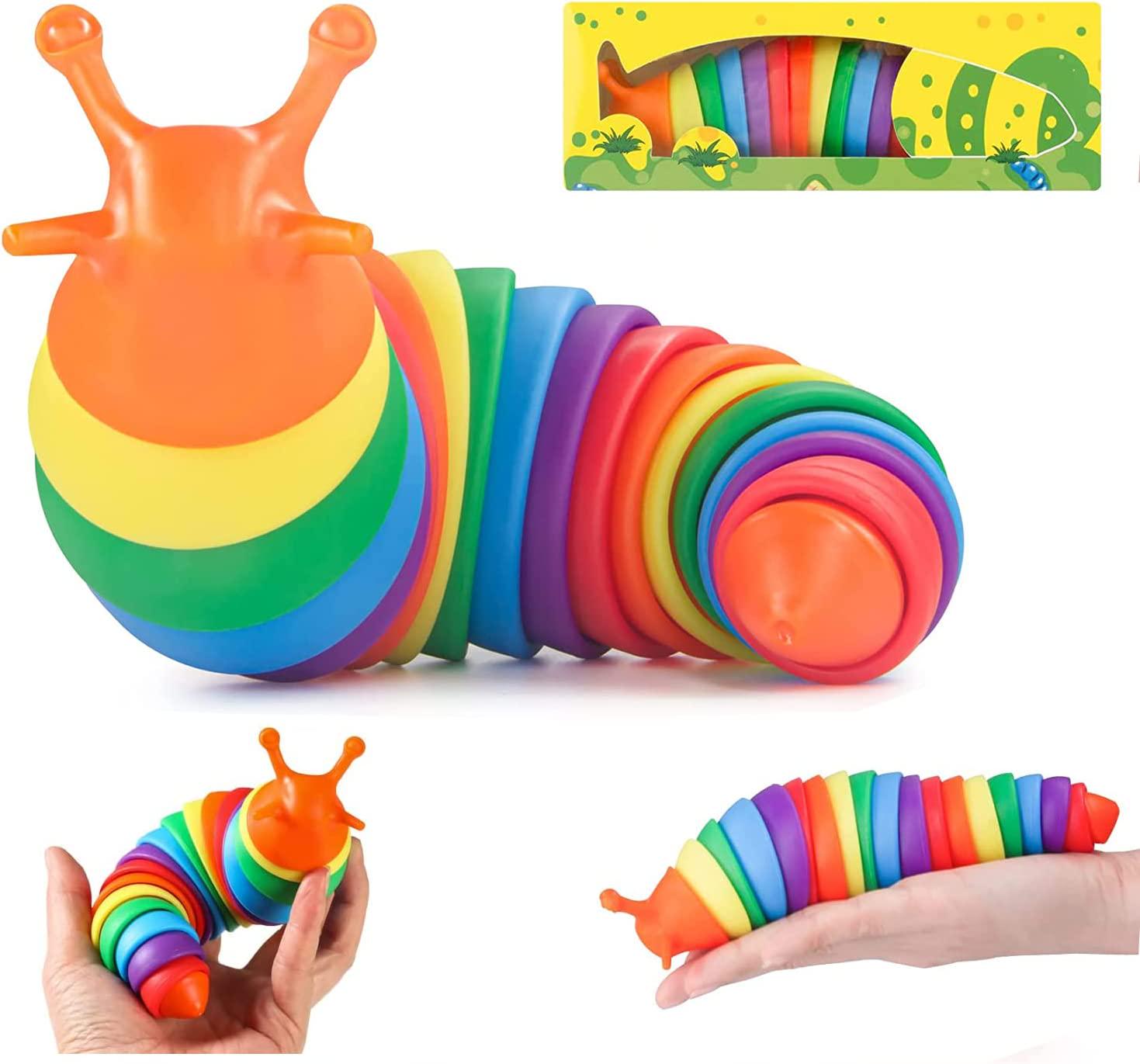 BOAODOO, Fidget Slug Toy, 19cm 3D Sensory Slug Articulated Stretch Slug Fidget Toy, Relief Anti-Anxiety Slug Desk Toy, Sensory Flexible Fidget Toys for Autistic, Christmas/Birthday for Kids and Adults (Rainbow - Slug)