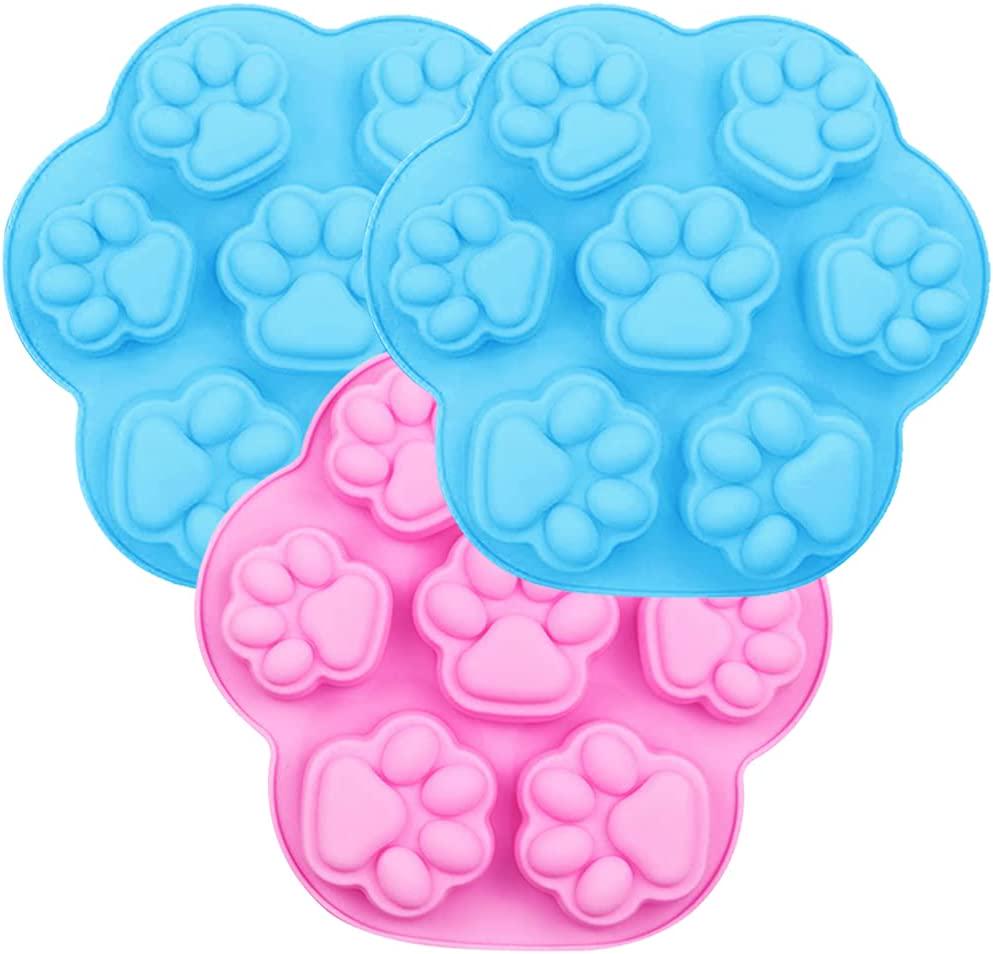 FineGood, FineGood 3 PCS Silicone Chocolate Moulds, Non-Stick Puppy Dog Paw Baking Trays Frozen Dog Treats Cookies Mould Ice Cube Trays Cake Decorations Mould - Blue, Pink