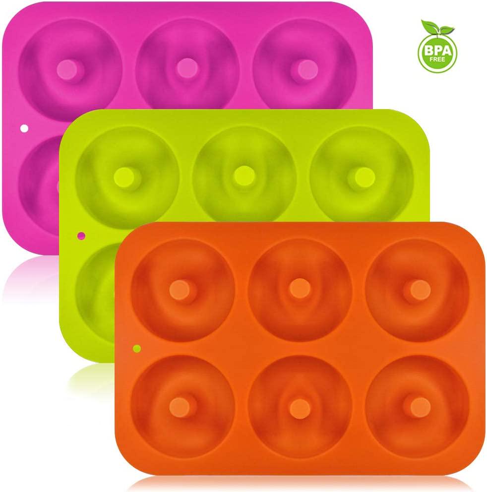 FineGood, FineGood FG Molds_3 Silicone Doughnut Moulds with 6 Cavities, Non Stick Baking Tray, Heat Resistant, Suitable for Cakes, Biscuits, Bagels, Muffins, Colours: Orange, Pink, Green, Pack of 3
