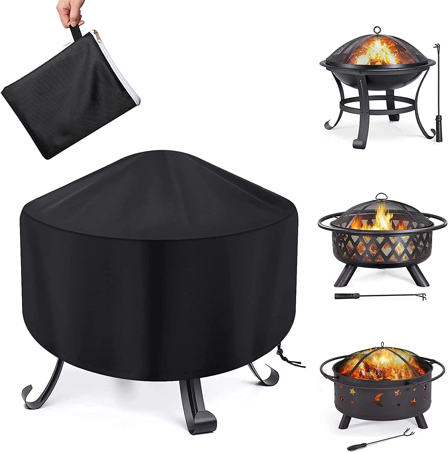 Croch, Fire Pit Cover round Waterproof Fit for 80/90/100Cm Outdoor round Firepit or Fire Bowl 420D Heavy Duty Firepit Cover, Black Patio Fire Bowl Cover