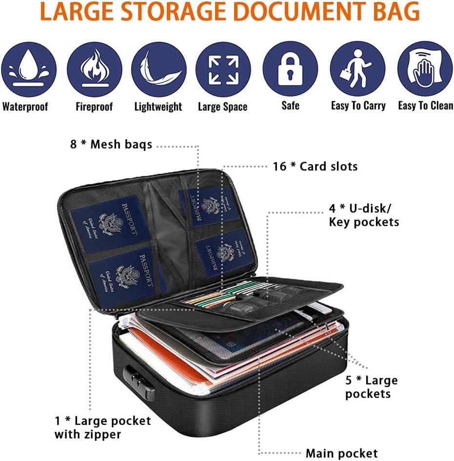 JARAGAR, Fireproof Document Bag with Lock, JARAGAR Fireproof Money Bag 3-Layer File Organizer Case with Water-Resistant Zipper, Portable Safe Box for Important File Passport Certificates Legal Documents