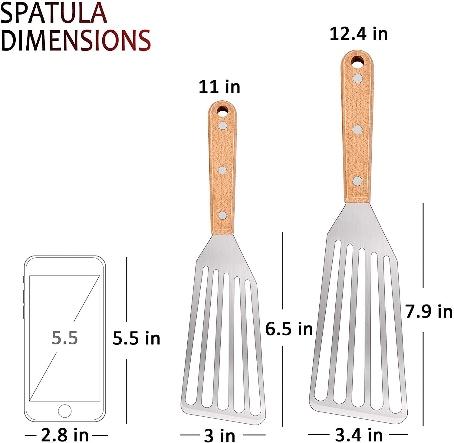 Leonyo, Fish Spatula Turner Set of 2, Leonyo Stainless Steel Slotted Fish Turner, Kitchen Metal Spatula for Flipping Frying Fish Meat Eggs Pancakes, Thin Edge and Wooden Grip, Two Size, 12.4-inch and 11-inch