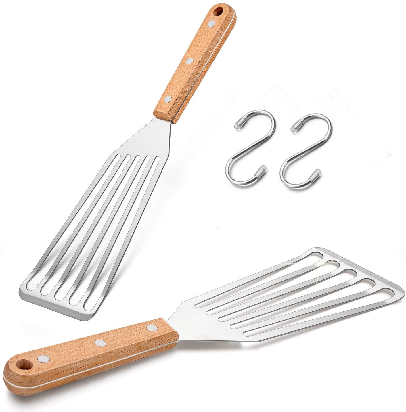Leonyo, Fish Spatula Turner Set of 2, Leonyo Stainless Steel Slotted Fish Turner, Kitchen Metal Spatula for Flipping Frying Fish Meat Eggs Pancakes, Thin Edge and Wooden Grip, Two Size, 12.4-inch and 11-inch