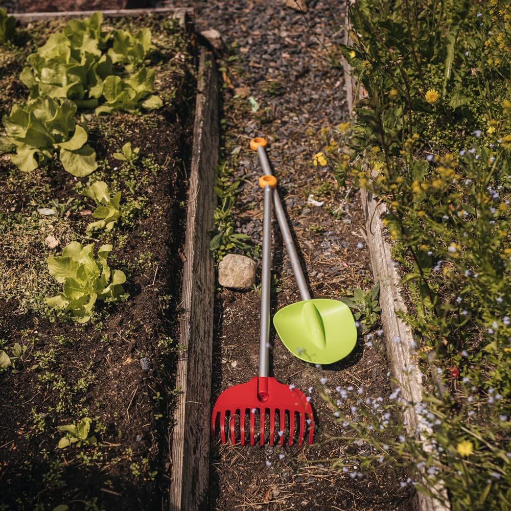 Fiskars, Fiskars 375400-1002 Kids’ Essential Landscaping Rake and Shovel Garden Set (2 Piece), Red/Green
