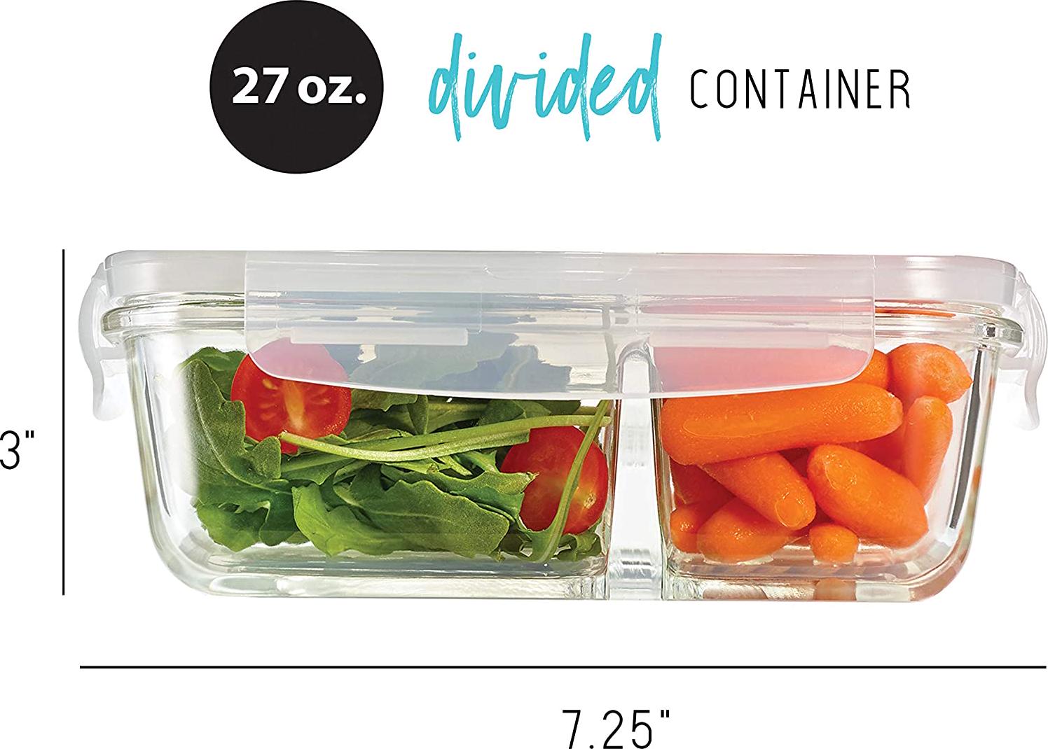Fit & Fresh, Fit and Fresh Divided Glass Containers, 5-Pack, Two Compartments, Set of 5 Containers with Locking Lids, Glass Storage, Meal Prep Containers with Airtight Seal, 27 oz.