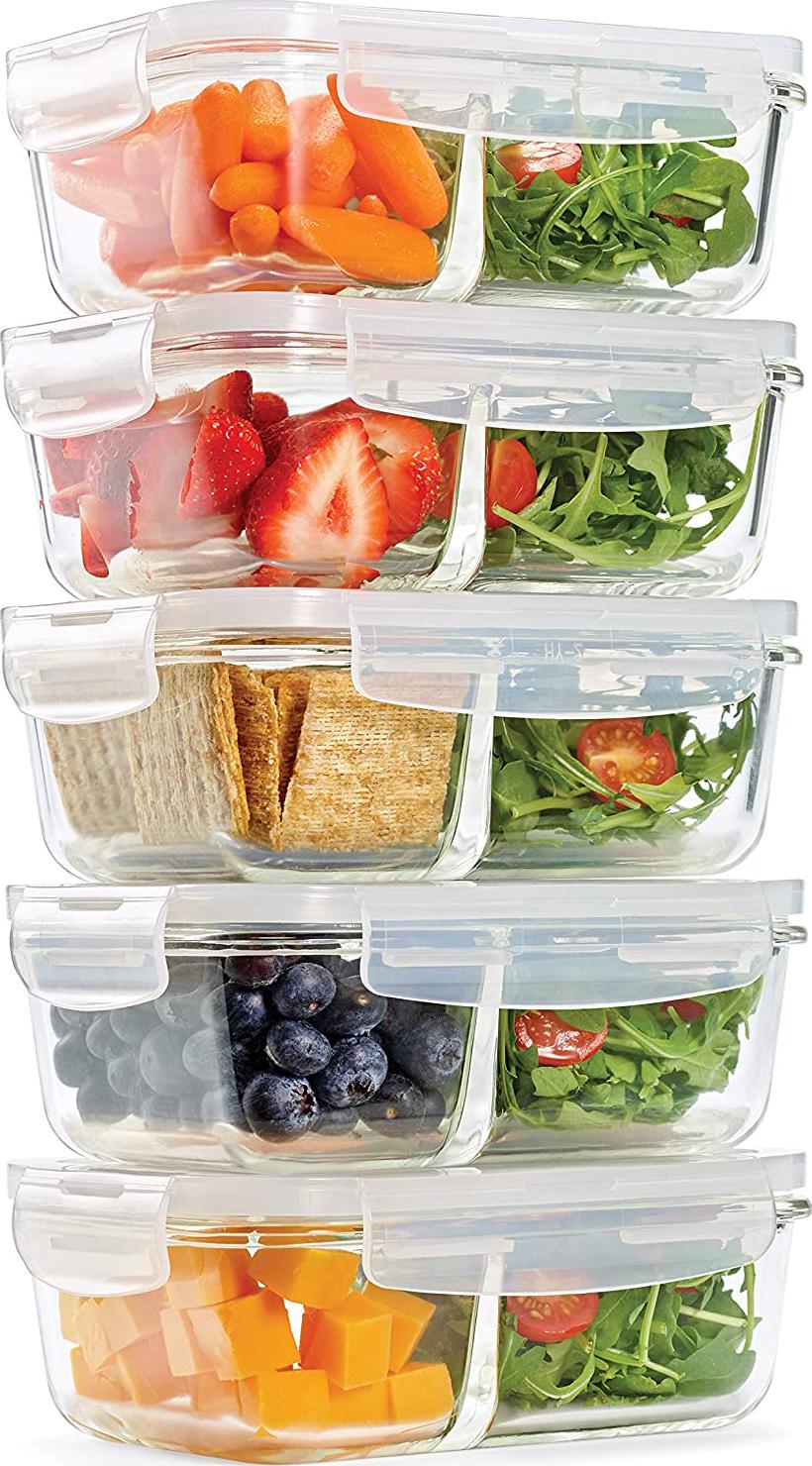 Fit & Fresh, Fit and Fresh Divided Glass Containers, 5-Pack, Two Compartments, Set of 5 Containers with Locking Lids, Glass Storage, Meal Prep Containers with Airtight Seal, 27 oz.