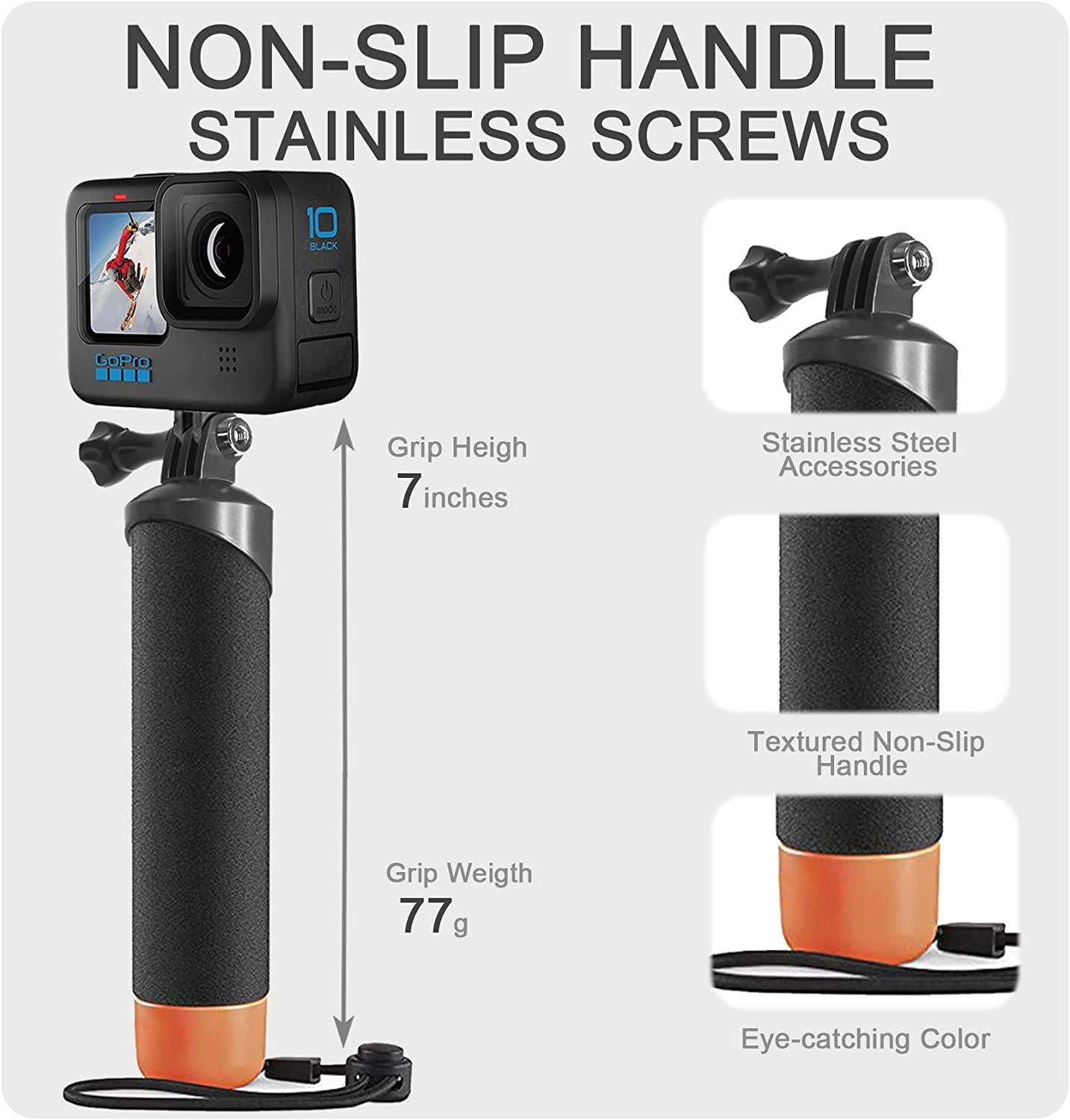 FiTSTILL, FitStill Waterproof Monopod Floating Hand Grip for Gopro Hero 11/10/9/8/7/6/5/(2018)/4/3 Session DJI and Other Action Cameras.Snorkeling Underwater Diving Floating Selfie Stick Pole