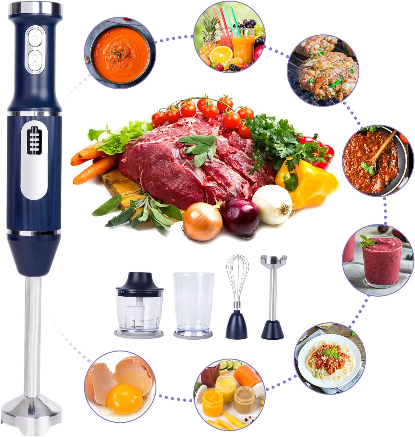 Fityou, Fityou 4-in-1 Immersion Hand Blender, Powerful 200W Rechargeable Handheld Stick Blender with Stainless Steel Blades, with Chopper, Beaker, Whisk for Smoothie, Baby Food, Sauces Red,Puree, Soup (Blue)