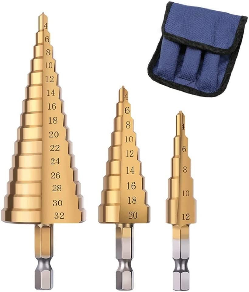 fixinus, Fixinus 3 Pack HSS Titanium Coated Step Drill Bit Set, 1/4" Hex Shank Quick Change High Speed Steel Cone Drill Bits for Wood, Plastic, Sheet Metal Hole Drilling - Metric 4-12Mm/4-20Mm/4-32Mm