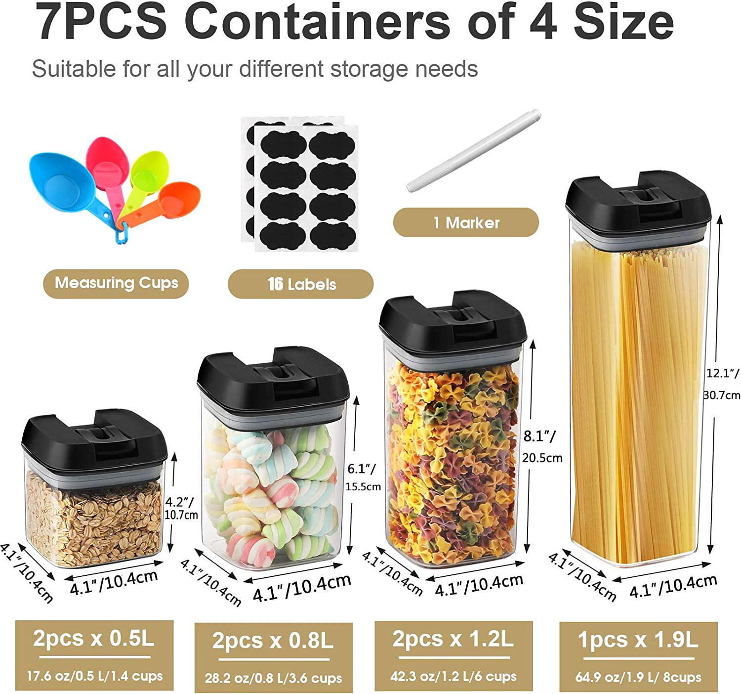 Fiyobo, Fiyobo Airtight Food Storage Container Set 7 Pieces BPA Free Plastic Kitchen Organization and Storage with Easy Lock Black Lids Labels/Spoons/Pen for Dry Food, Flour, Sugar, Pasta, Cereal