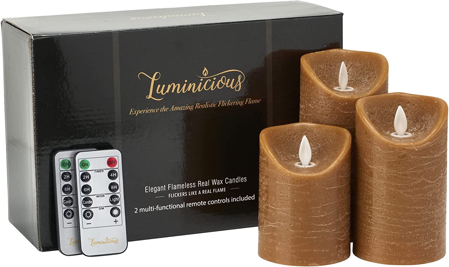 Luminicious, Flameless Candles Flickering LED | Battery Operated Electric Pillar Candle | Realistic Moving Flame Flicker with 2 Remote Controls & Timer | Real Wax Toffee Brown | Great Home Decor | Decorative Gift