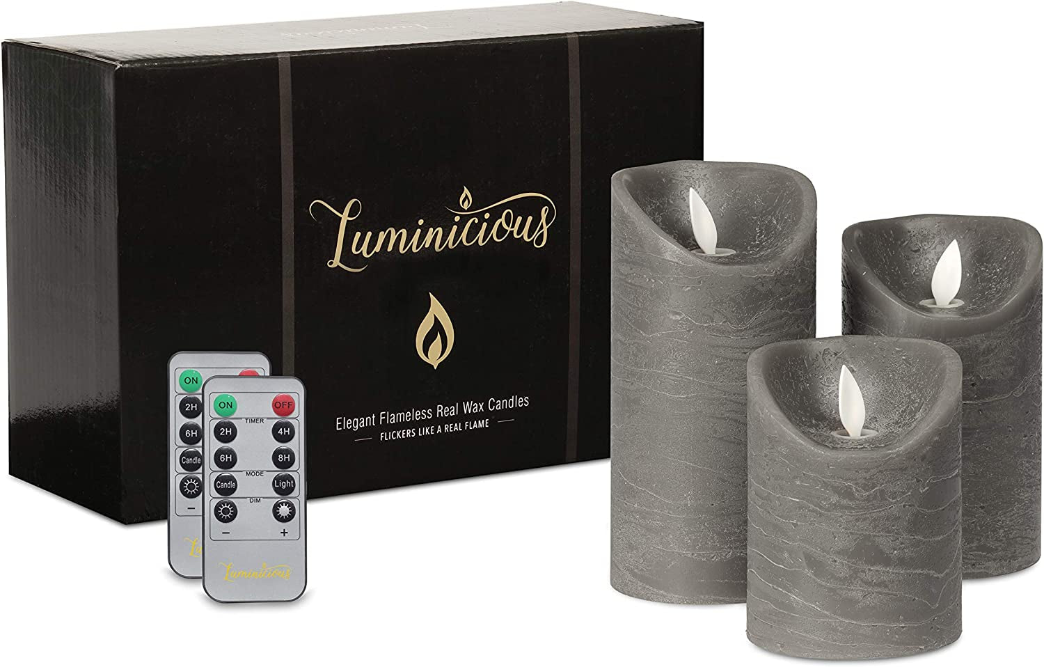 Luminicious, Flameless Candles Flickering LED | Battery Operated Electric Pillar Candle | Realistic Moving Flame Flicker with Remote Control & Timer | Real Wax Grey | Great Home Decor | Decorative Gift