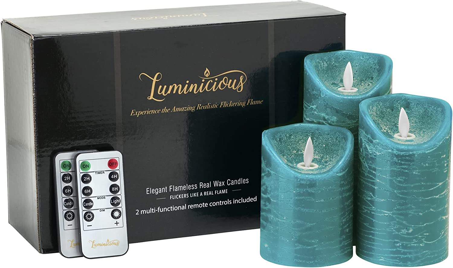 Luminicious, Flameless Candles Flickering LED | Battery Operated Electric Pillar Candle | Realistic Moving Flame Flicker with Remote Control & Timer | Real Wax Tempo Teal | Great Home Decor | Decorative Gift
