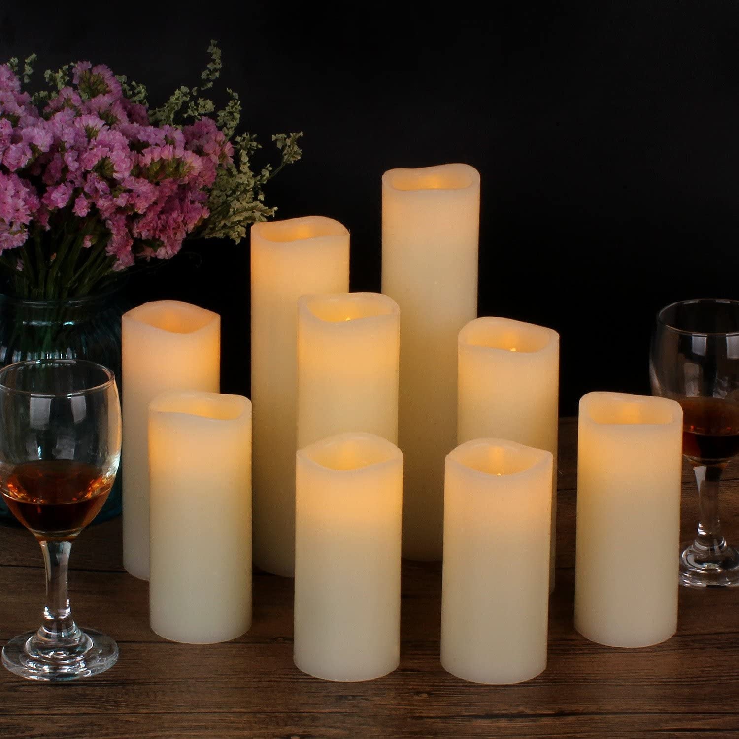 Wasin, Flameless Candles Led Candles Set of 9(H 4" 5" 6" 7" 8" 9" Xd 2.2") Ivory Real Wax Battery Candles with Remote Timer by (Batteries Not Included) (Ivory, Set of 9)