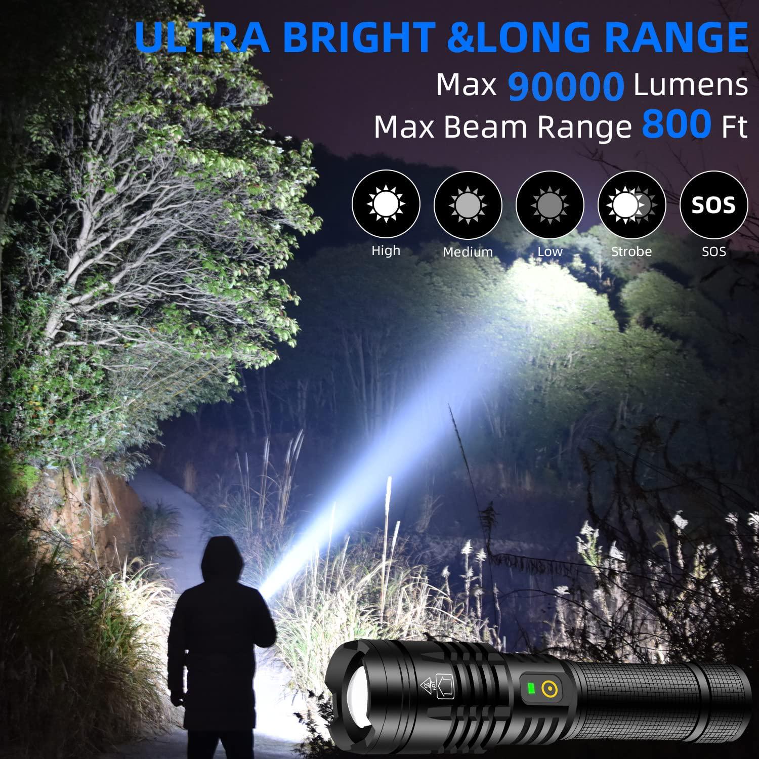 FUIIKEEM, Flashlights High Lumens Rechargeable,90000 Lumens Super Bright Tactical Flashlights,5 Modes Adjustable Focus XHP70.2 LED Flashlight for Outdoor Emergencies Camping Fishing Hunting