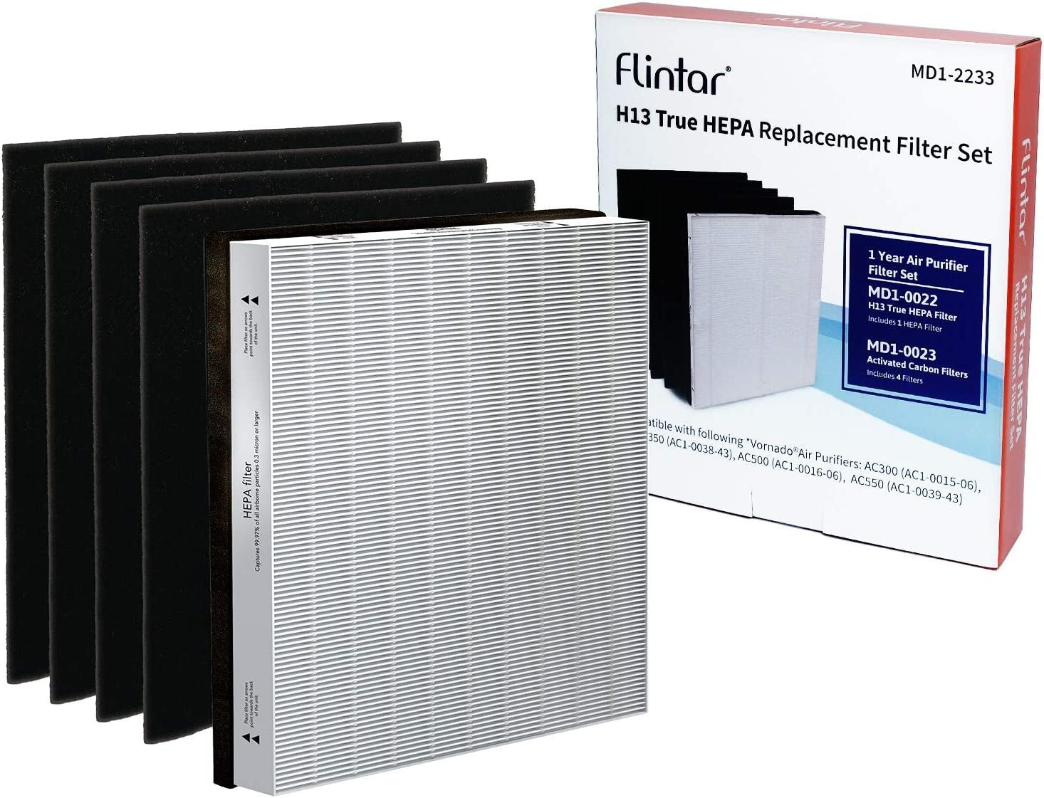 Flintar, Flintar H13 True HEPA Replacement Filter Combo Pack, Compatible with Vornado Air Purifier, (1) H13 True HEPA Filter MD1-0022 + (4) Activated Carbon Pre-Filter MD1-0023, 1-Year Filter Set