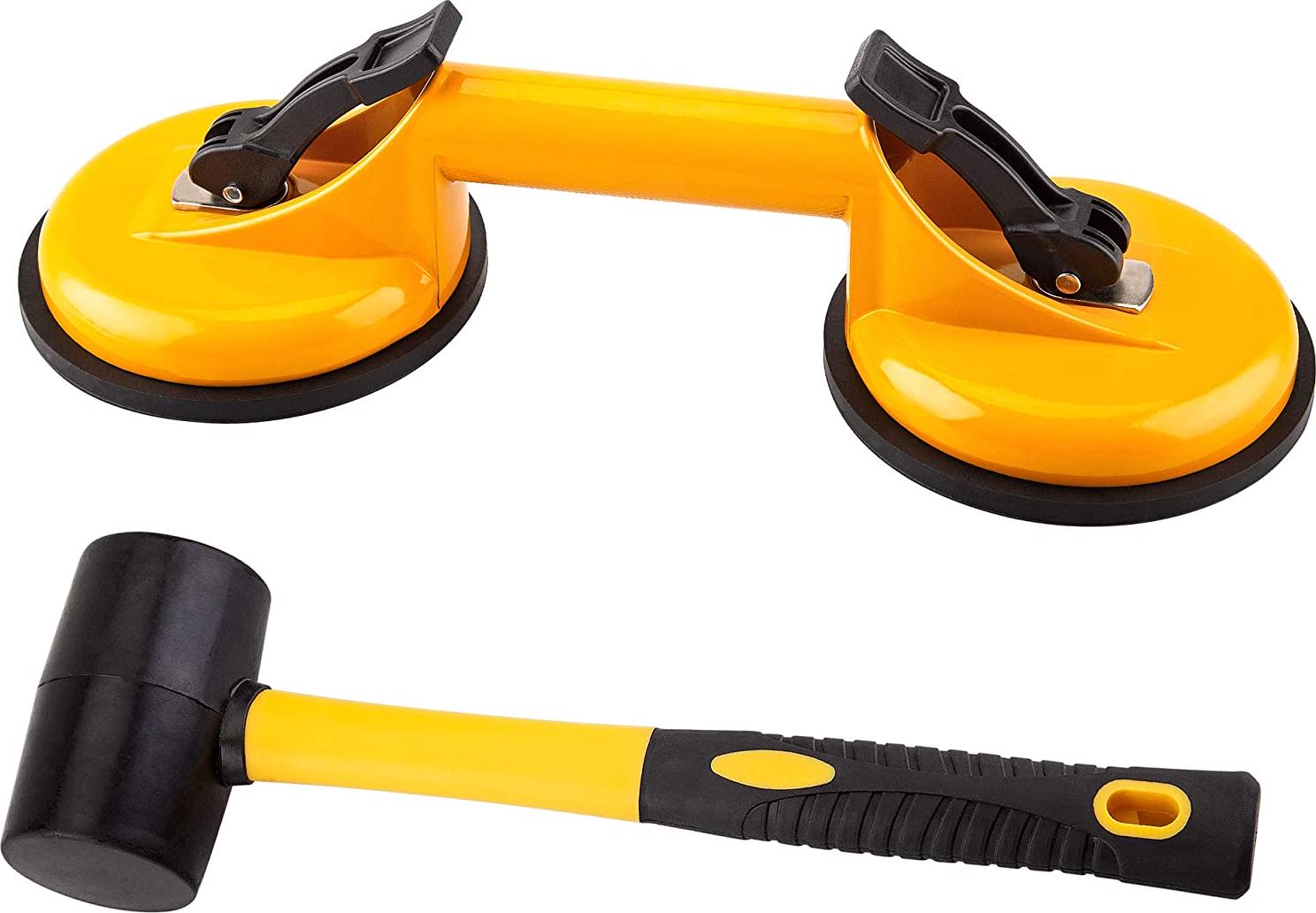 KUNTICA, Floor Gap Fixer Tool for Laminate Floor Gap Repair Include Premium Quality Heavy Duty Aluminum Suction Cup and Fiberglass Handle Rubber Mallet (Yellow) - Can't Use on Scraped Surface Floor