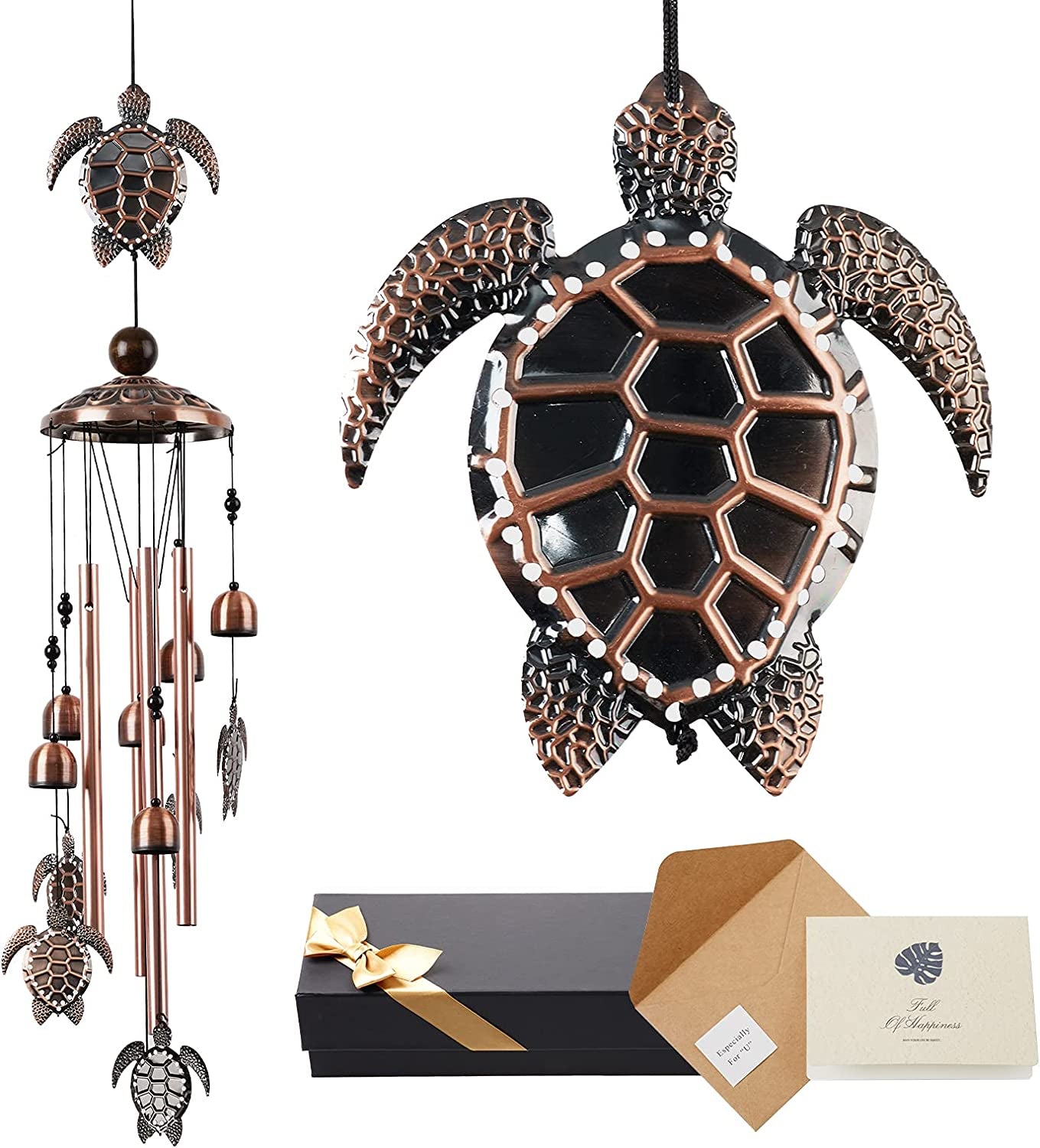 Floridliving, Floridliving Turtle Wind Chimes with Clear Sound，Memorial Wind Chimes for Outside, Extra Large Wind Chimes with Greeting Card，Tortoise Wind Bell for Garden Decoration with Message Card&Gift Box… (Gift Box)