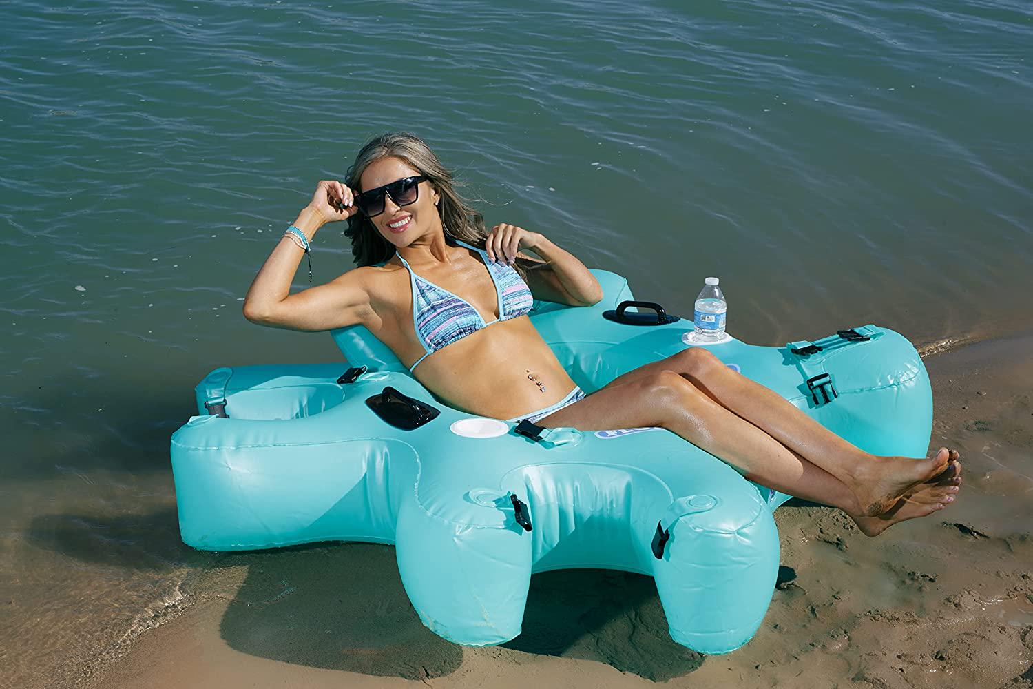 Fluzzle Tube, Fluzzle Tube 4.0 Back Rest and XL MESH Bottom, 24 Gauge 6P Free Vinyl, 2 Cup Holders and 2 Handles (Teal)