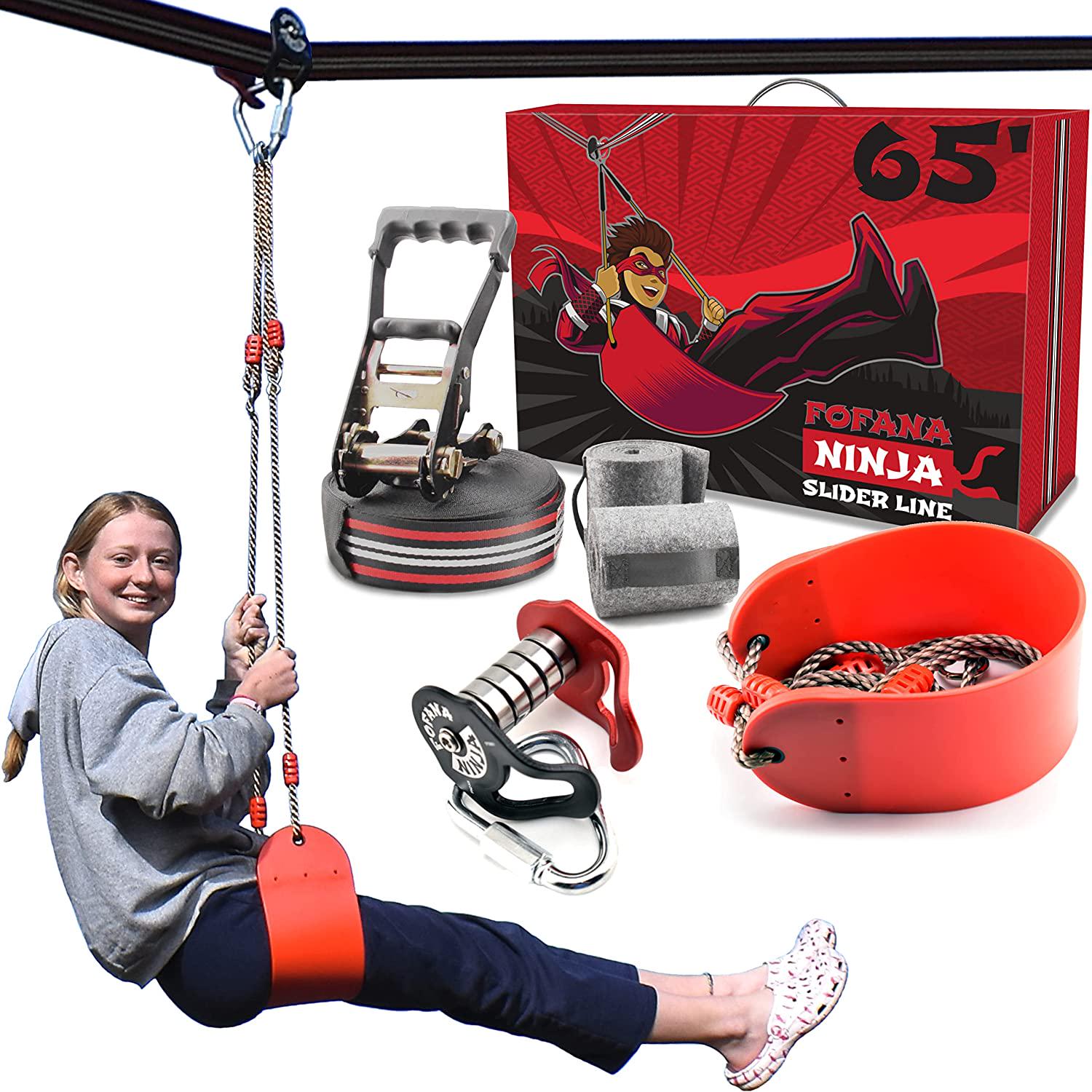 Fofana, Fofana Ninja Slider Slackline Pulley Kit - 65 Ft. Slack Line Zip Ninja Course - Includes Slackline, Slider Pulley, and Swing - Ninja Warrior Obstacle Course for Kids - Sports and Outdoor Play Toys