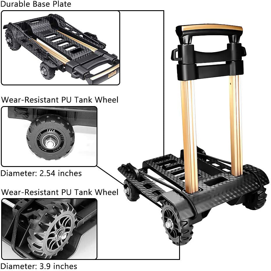 FELICON, Folding Hand Truck Portable Dolly Compact Utility Luggage Cart with 70Kg/155Lbs Heavy Duty 4 Wheels Solid Construction Adjustable Handle for Moving Travel Shopping Office Use (Black)
