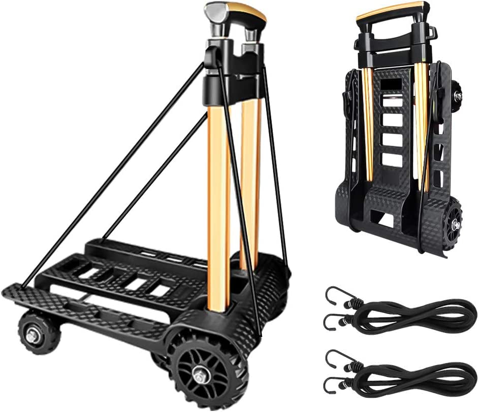 FELICON, Folding Hand Truck Portable Dolly Compact Utility Luggage Cart with 70Kg/155Lbs Heavy Duty 4 Wheels Solid Construction Adjustable Handle for Moving Travel Shopping Office Use (Black)
